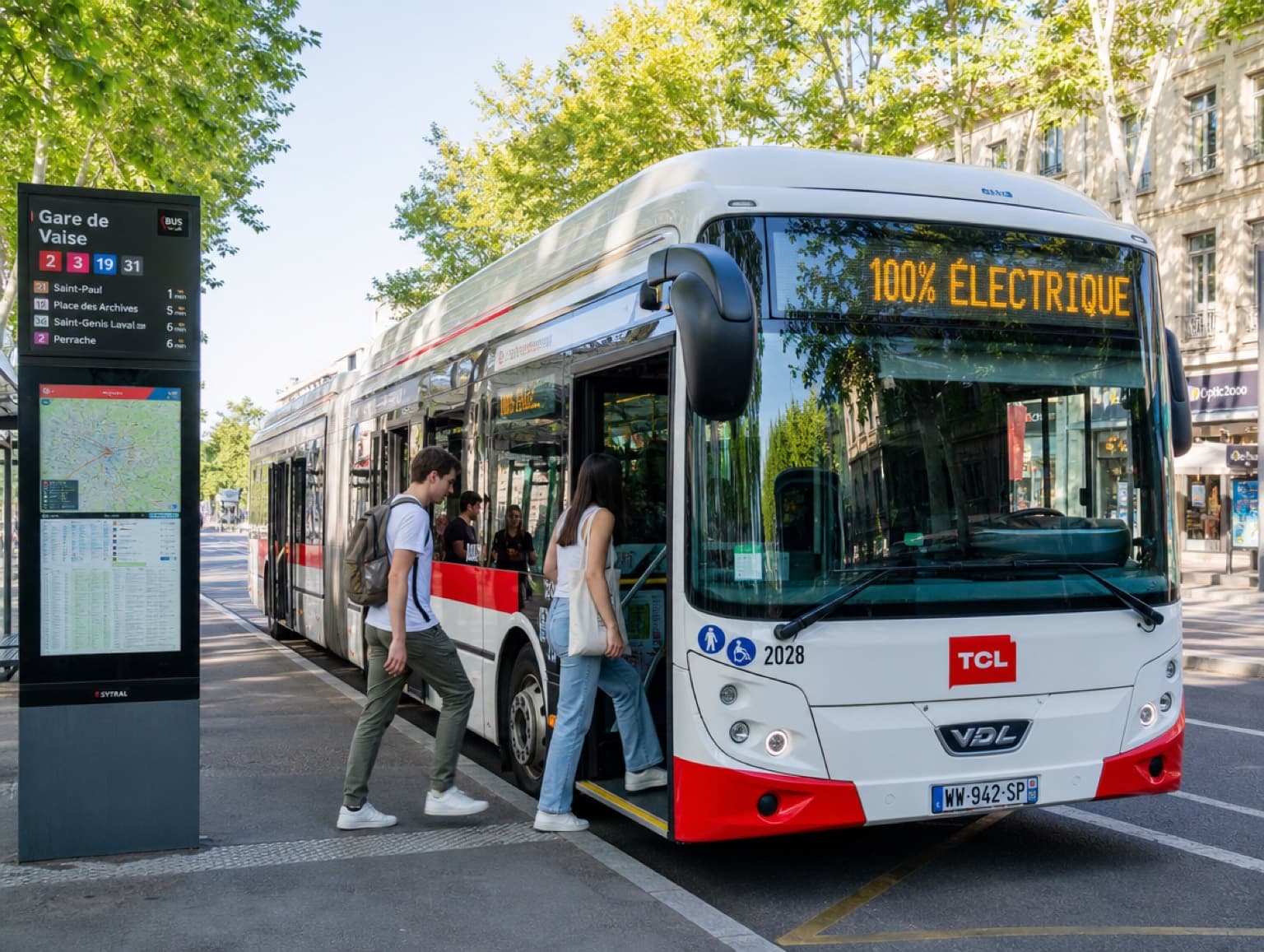 Bus électrique moderne à un arrêt à Lyon