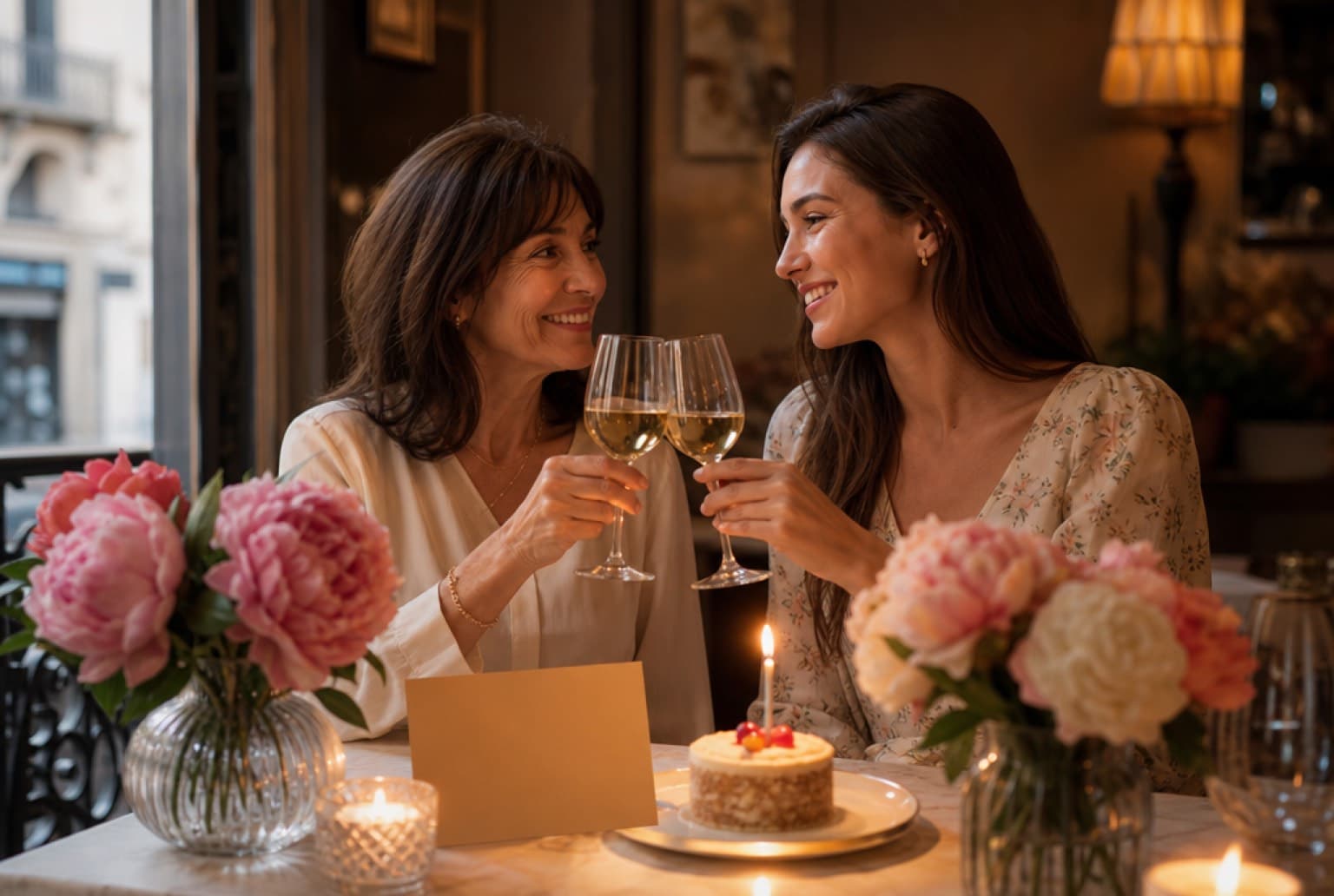Ambiance chaleureuse d'un restaurant lyonnais avec pivoines et bougies