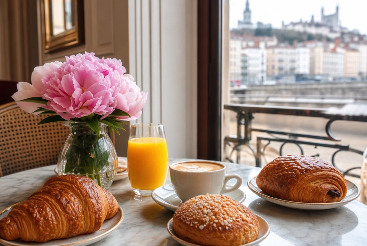 Table de brunch ensoleillée avec croissants et latte art à Lyon