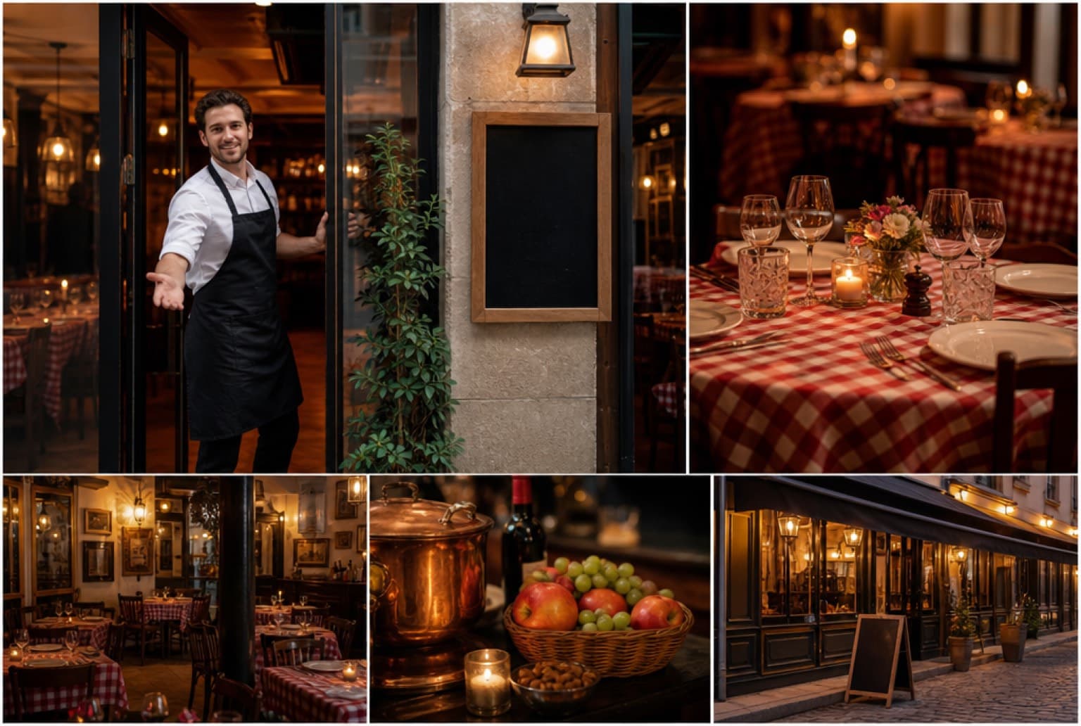 Intérieur chaleureux d'un bouchon lyonnais aux nappes vichy et bougies