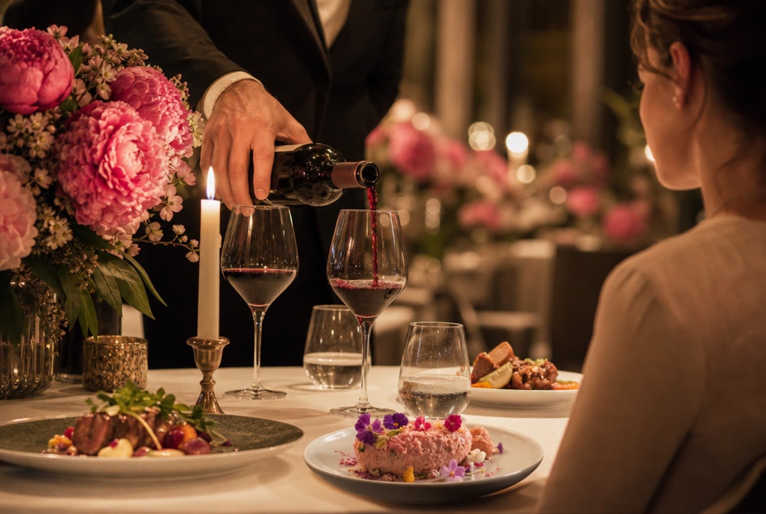 Salle de restaurant aux chandelles avec pivoines pour la fête des mères