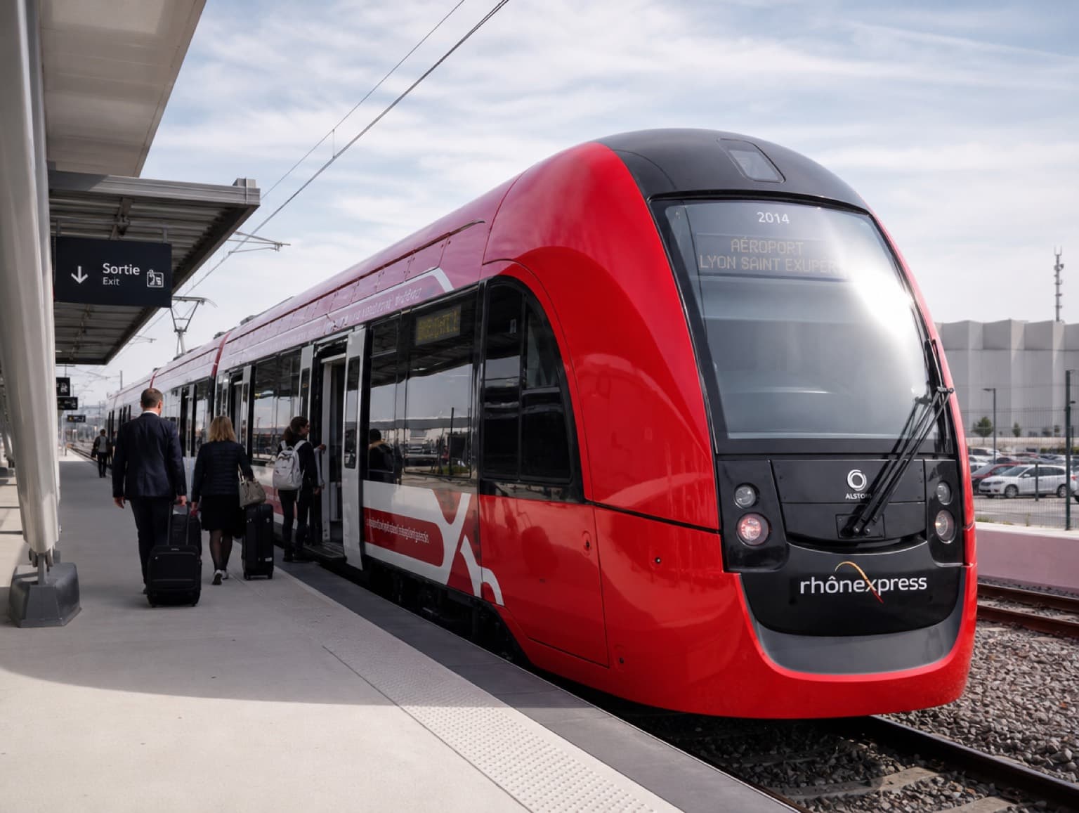 Navette express rouge vers l'aéroport à quai près de Lyon