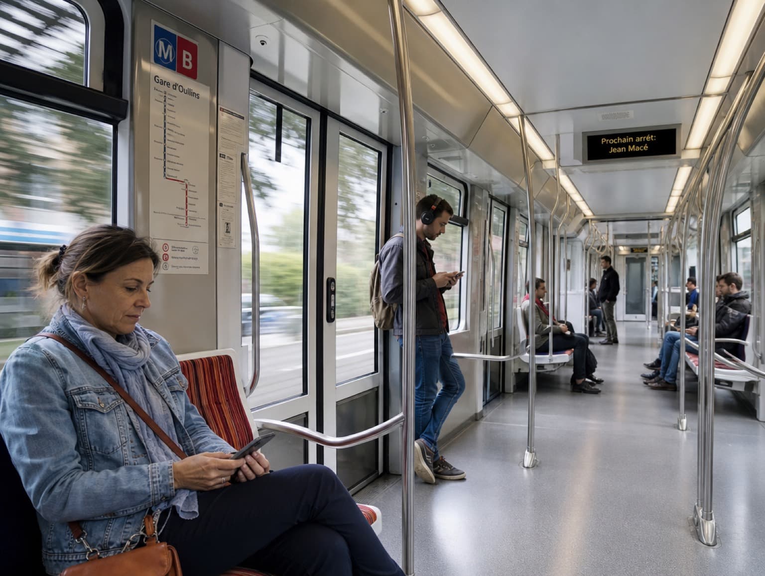 Intérieur lumineux d'une rame de métro à Lyon