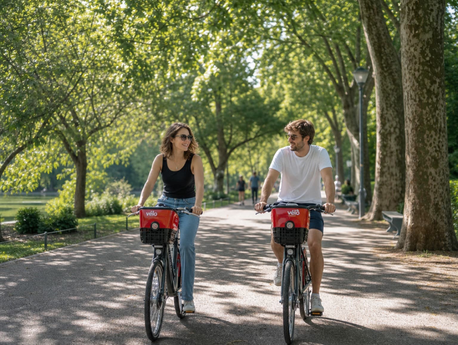 Deux personnes à vélo dans une allée arborée du parc de la Tête d'Or à Lyon