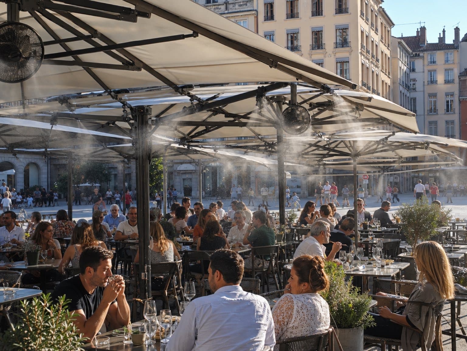 Terrasse lyonnaise avec parasols et brumisateurs pendant la canicule