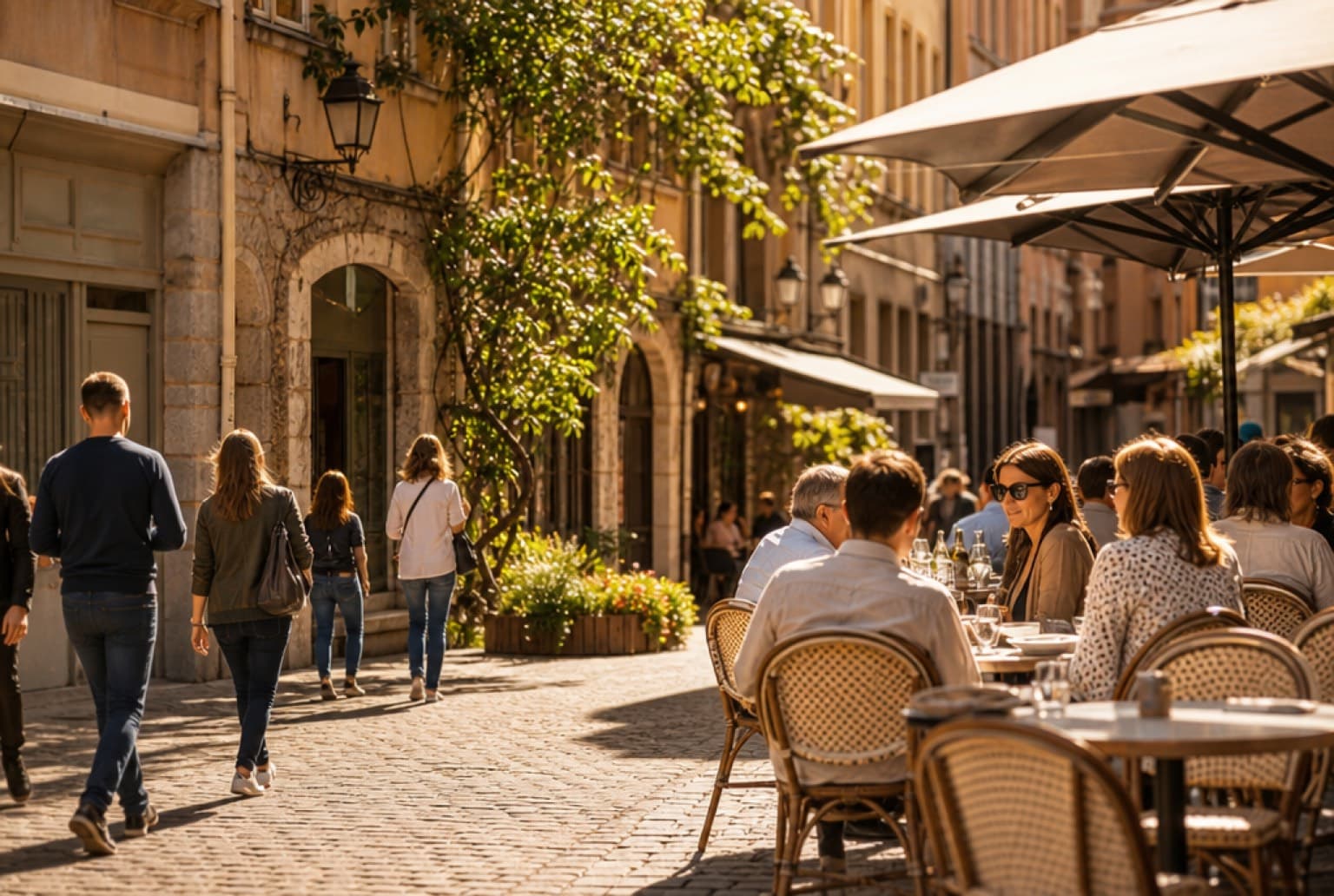 Ruelle pavée du Vieux Lyon par une journée ensoleillée