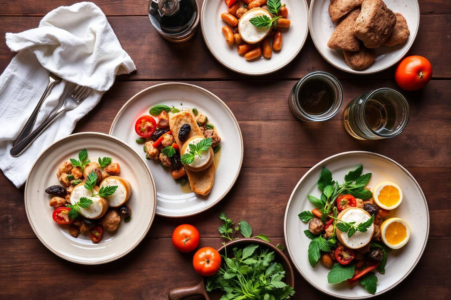Table vue du dessus avec plusieurs assiettes généreuses à partager