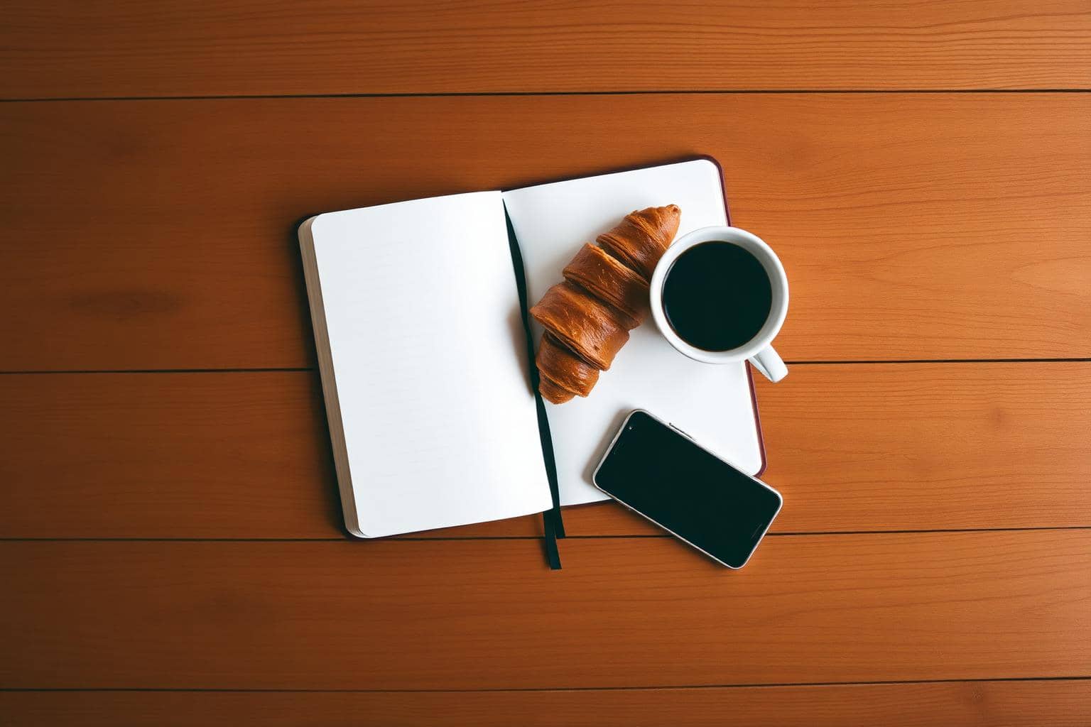 Carnet ouvert, café et croissant — le blog thegoodseat