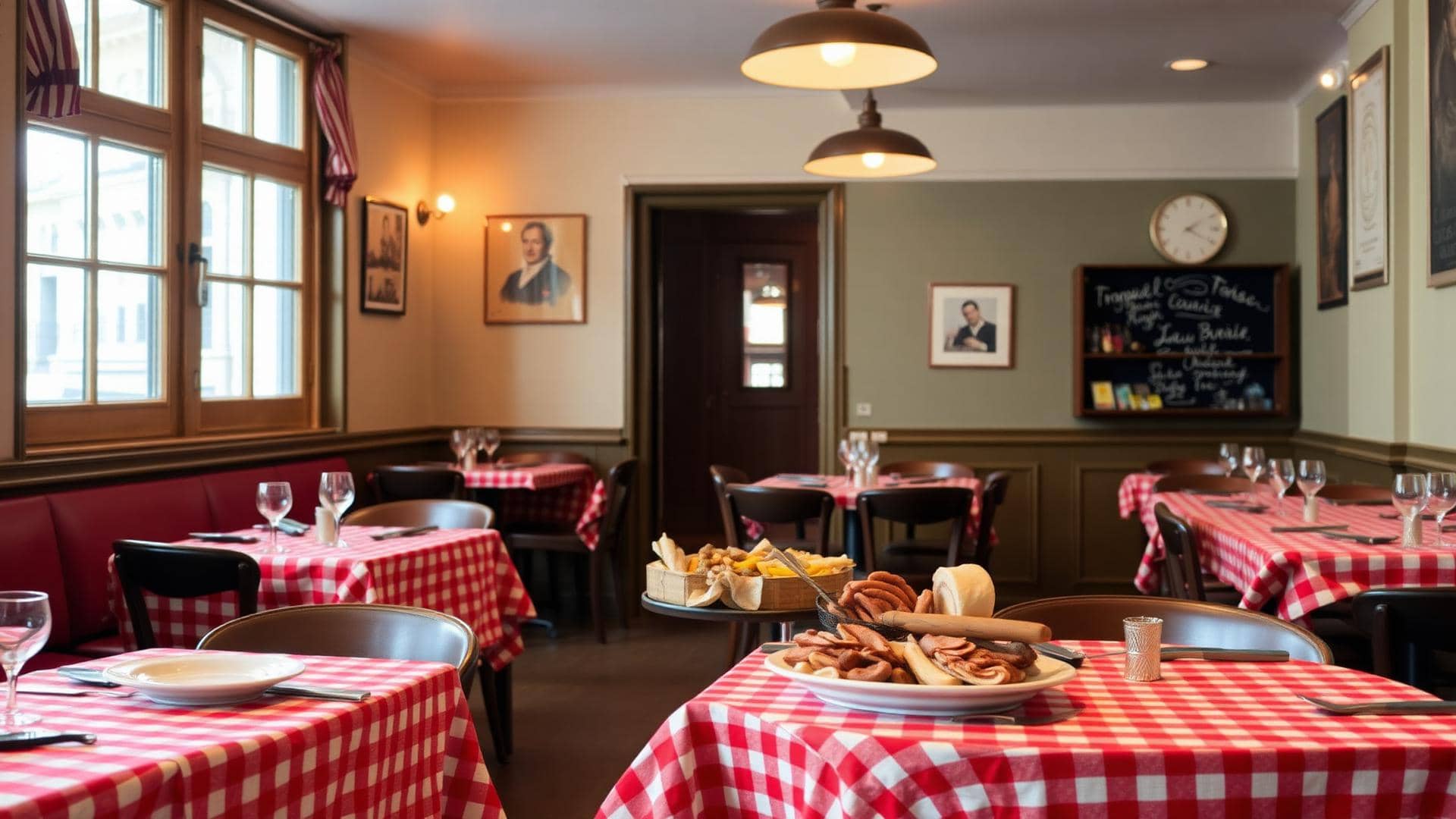 Salle d'un bouchon lyonnais avec nappes vichy rouges et charcuteries