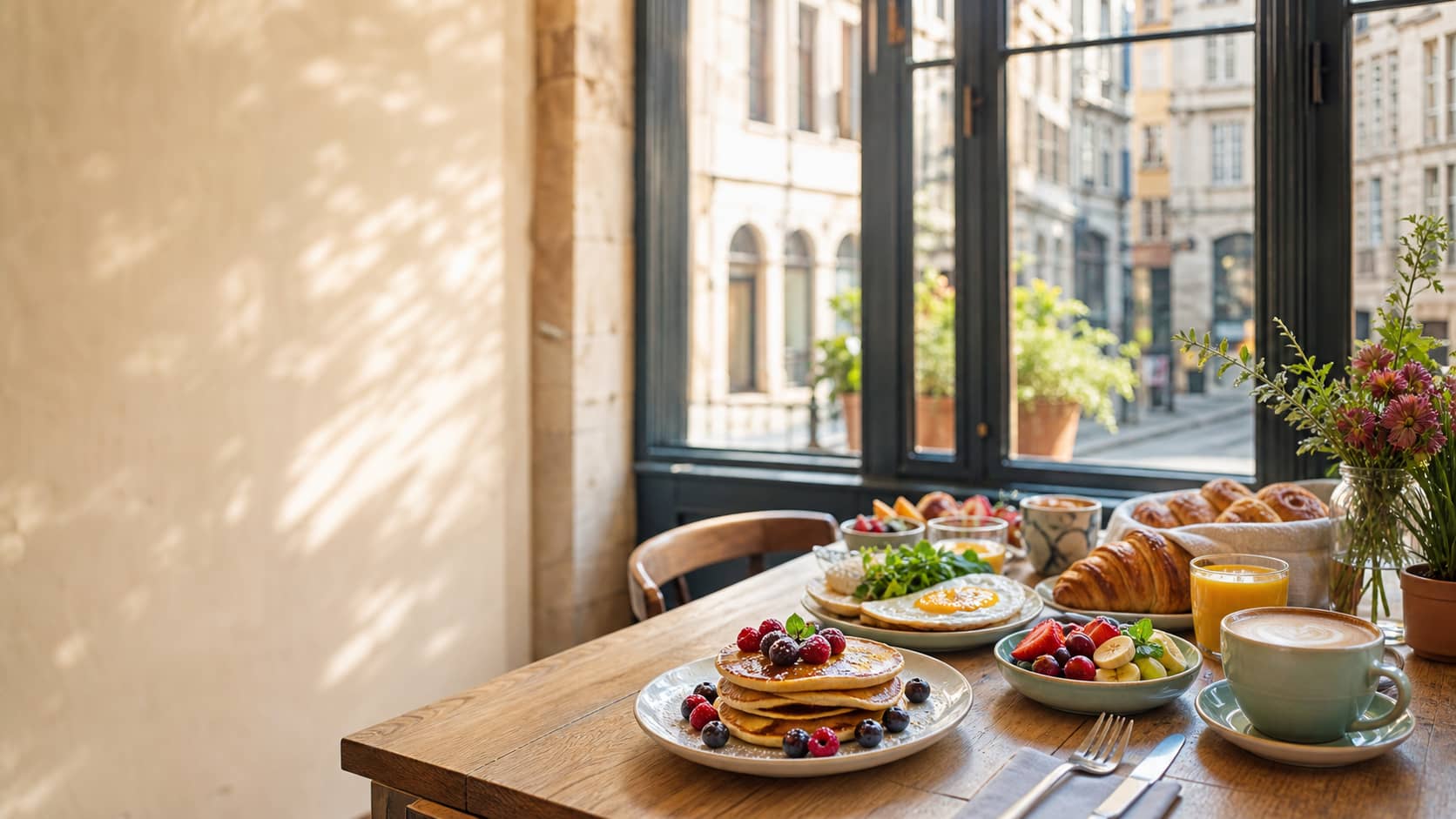Table de brunch lumineuse dans un café lyonnais avec pancakes, fruits et café