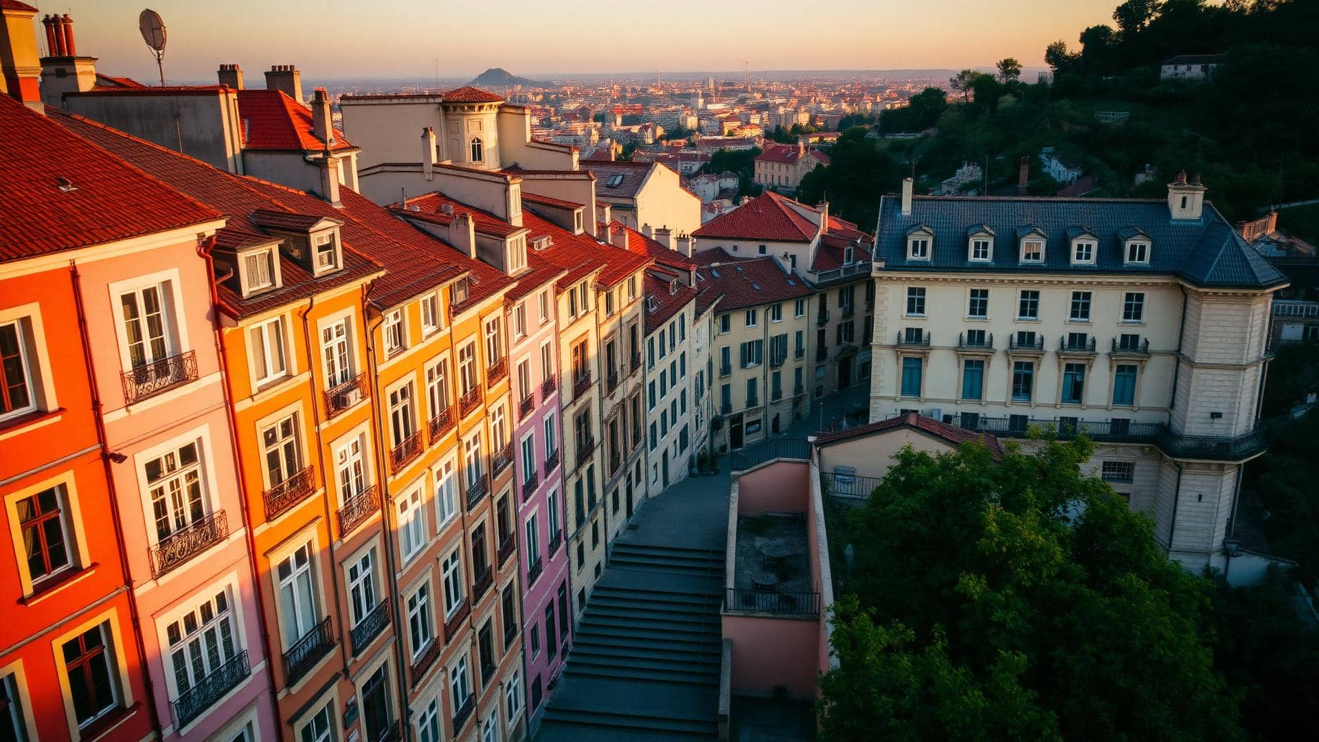 Vue aérienne de la Croix-Rousse à Lyon, façades colorées des canuts au coucher du soleil