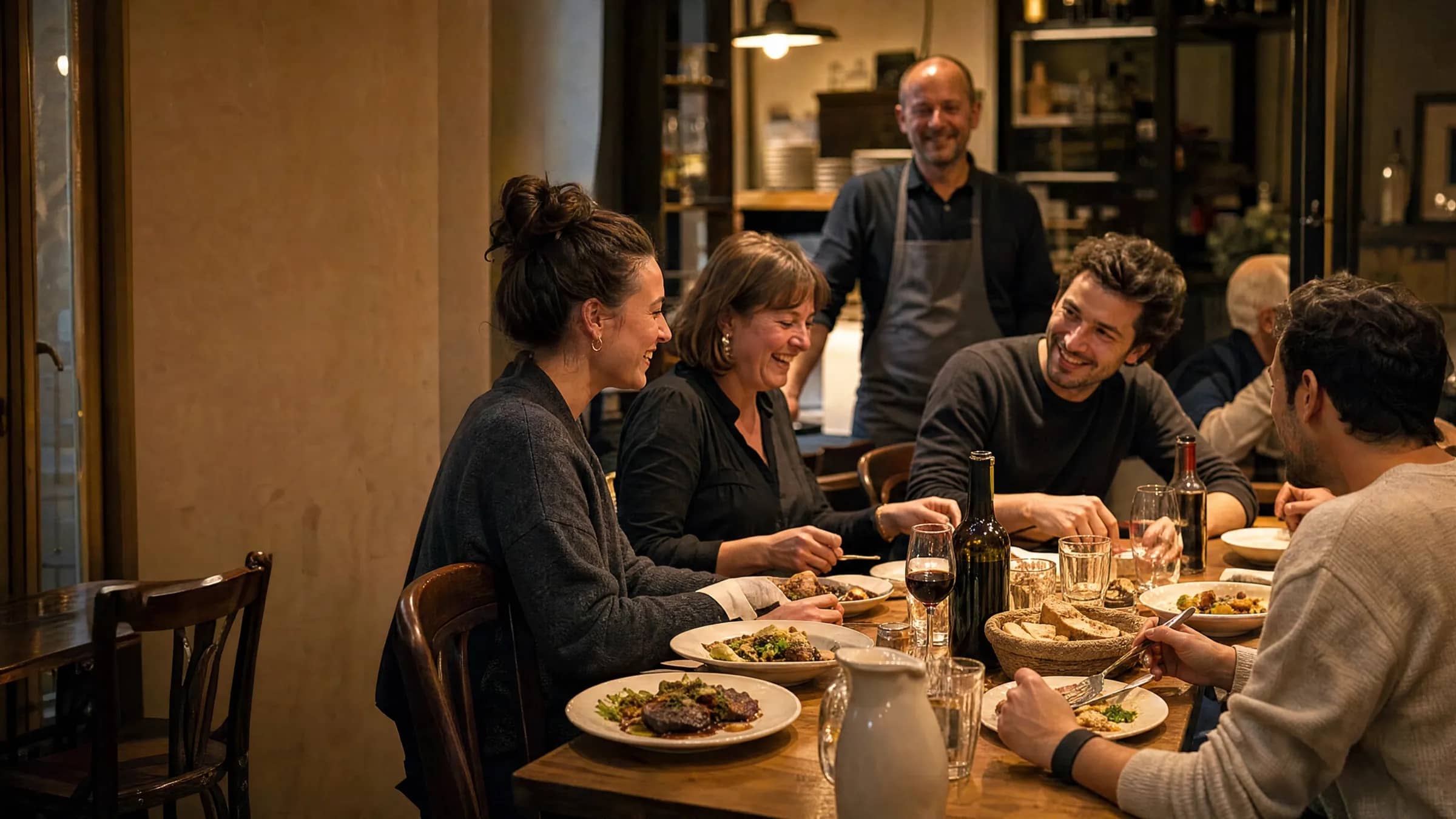 Table de dîneurs lyonnais profitant d'un repas dans un bistrot indépendant, illustrant une alternative à Groupon qui remplit les tables sans décote brutale