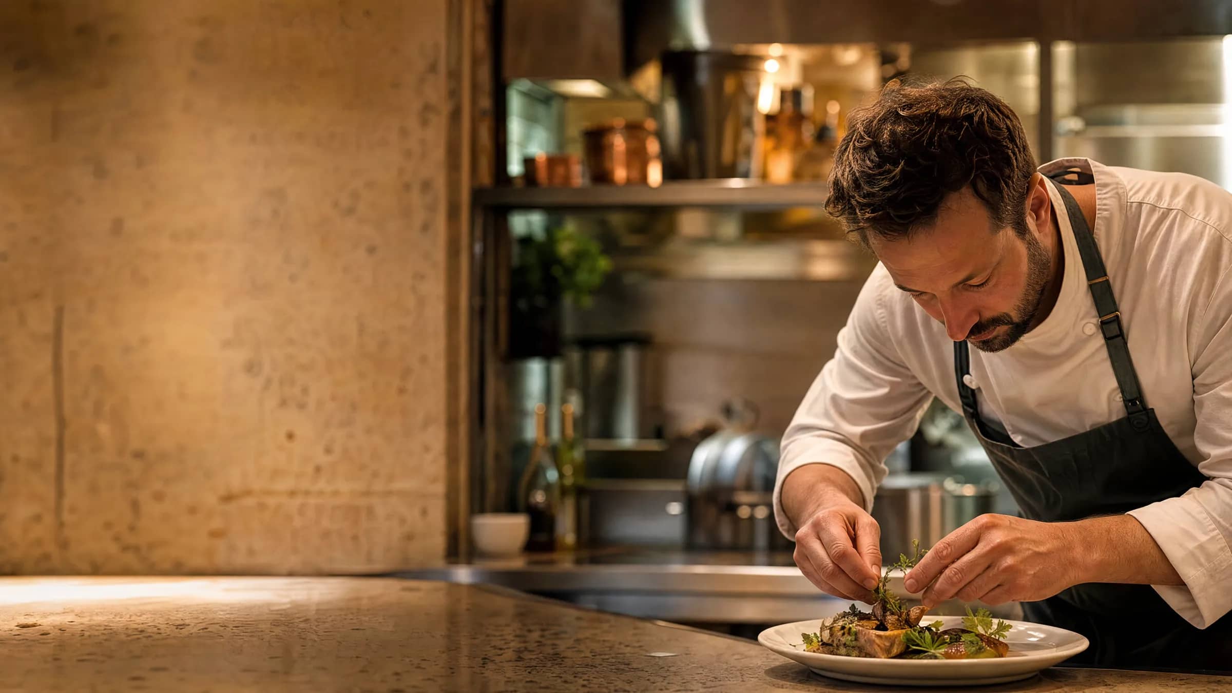 Un chef lyonnais dresse un plat gastronomique dans sa cuisine ouverte, illustrant la complémentarité entre la réputation du Guide Michelin et le remplissage des tables avec TheGoodSeat