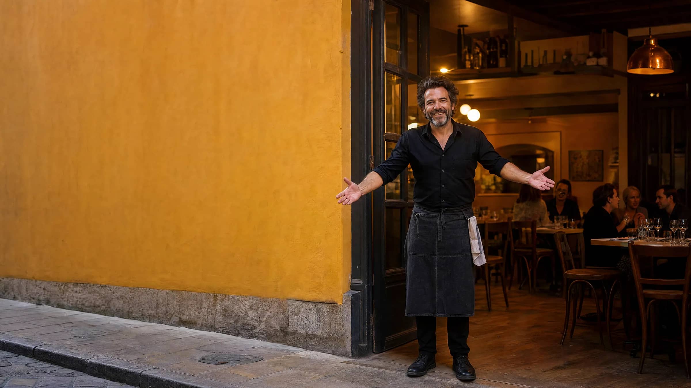 Un restaurateur lyonnais indépendant accueille des dîneurs du quartier dans son bistrot, illustration d'une alternative locale à OpenTable sans commission par couvert
