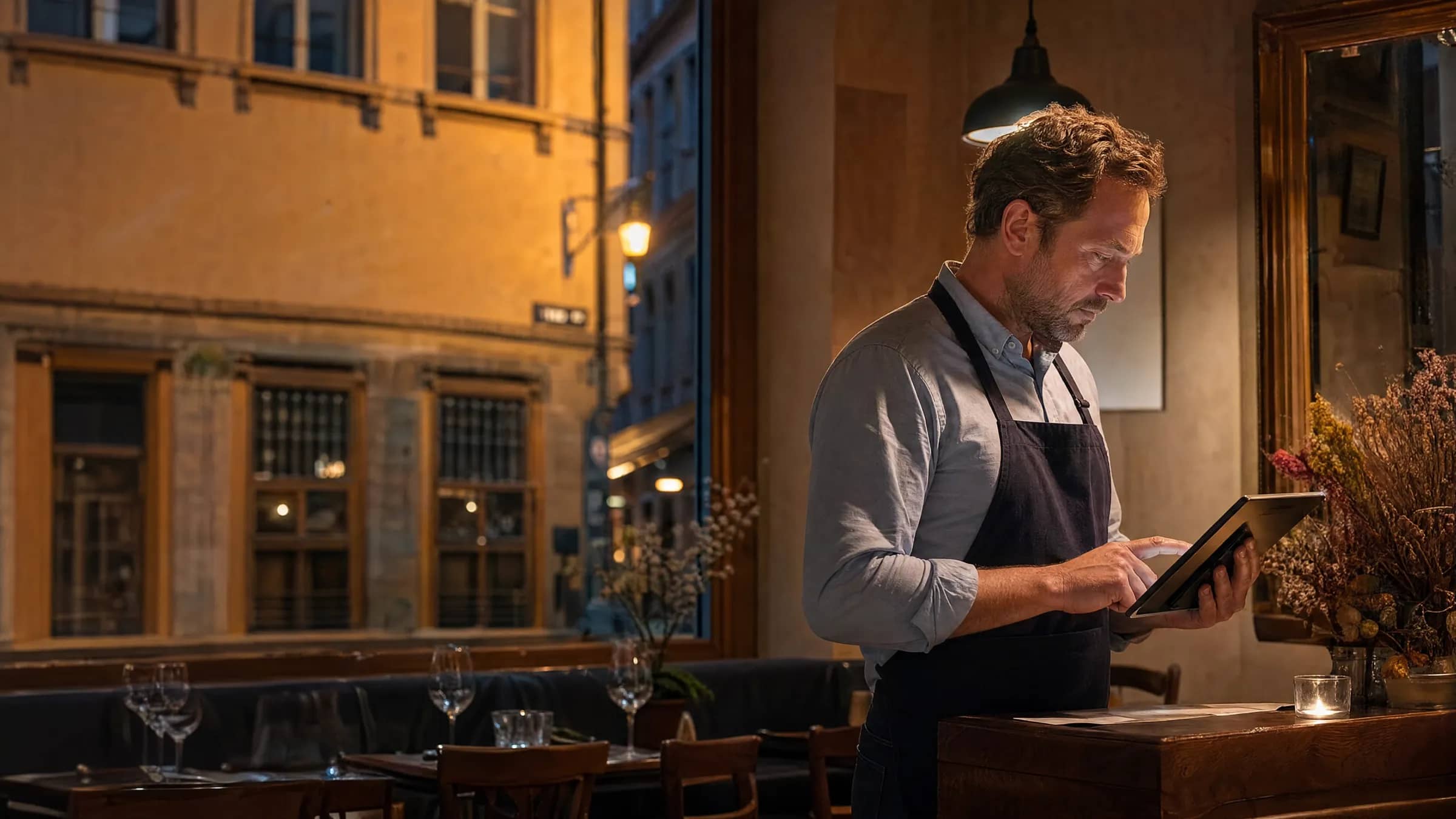 Restaurateur indépendant lyonnais consultant les réservations du soir sur une tablette dans un bistrot de la Presqu'île, illustrant l'alternative simple et locale à ResDiary