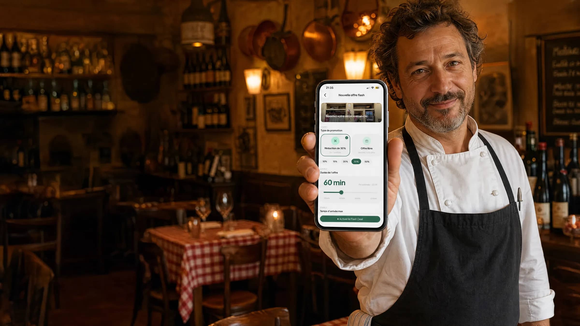 Restaurateur lyonnais utilisant TheGoodSeat Pro, l'alternative à TheFork sans commission, dans son bouchon