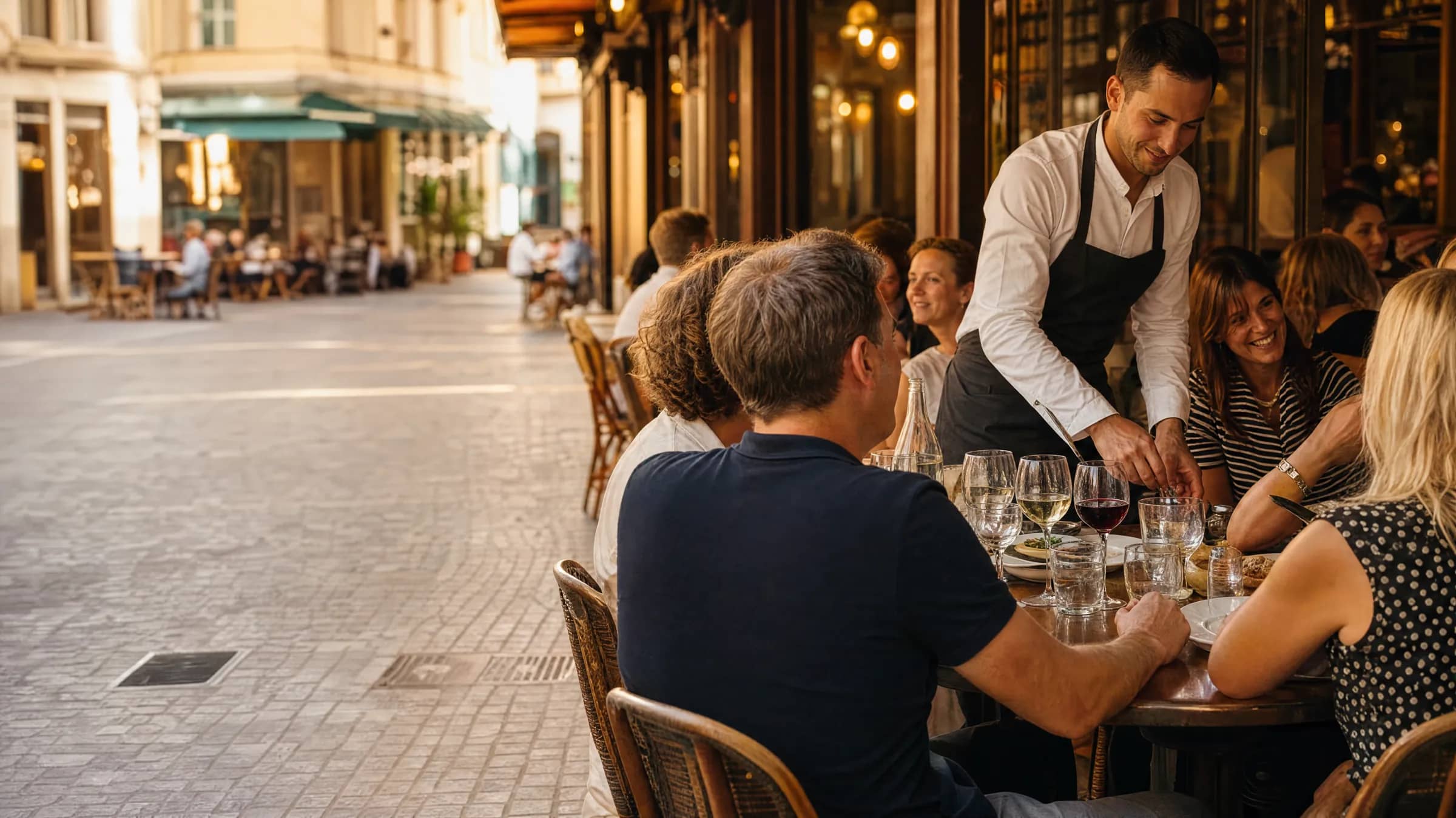 Des dîneurs lyonnais profitent d'un repas dans un bistrot animé de la Presqu'île, illustrant la complémentarité entre les avis Tripadvisor et le remplissage local de TheGoodSeat