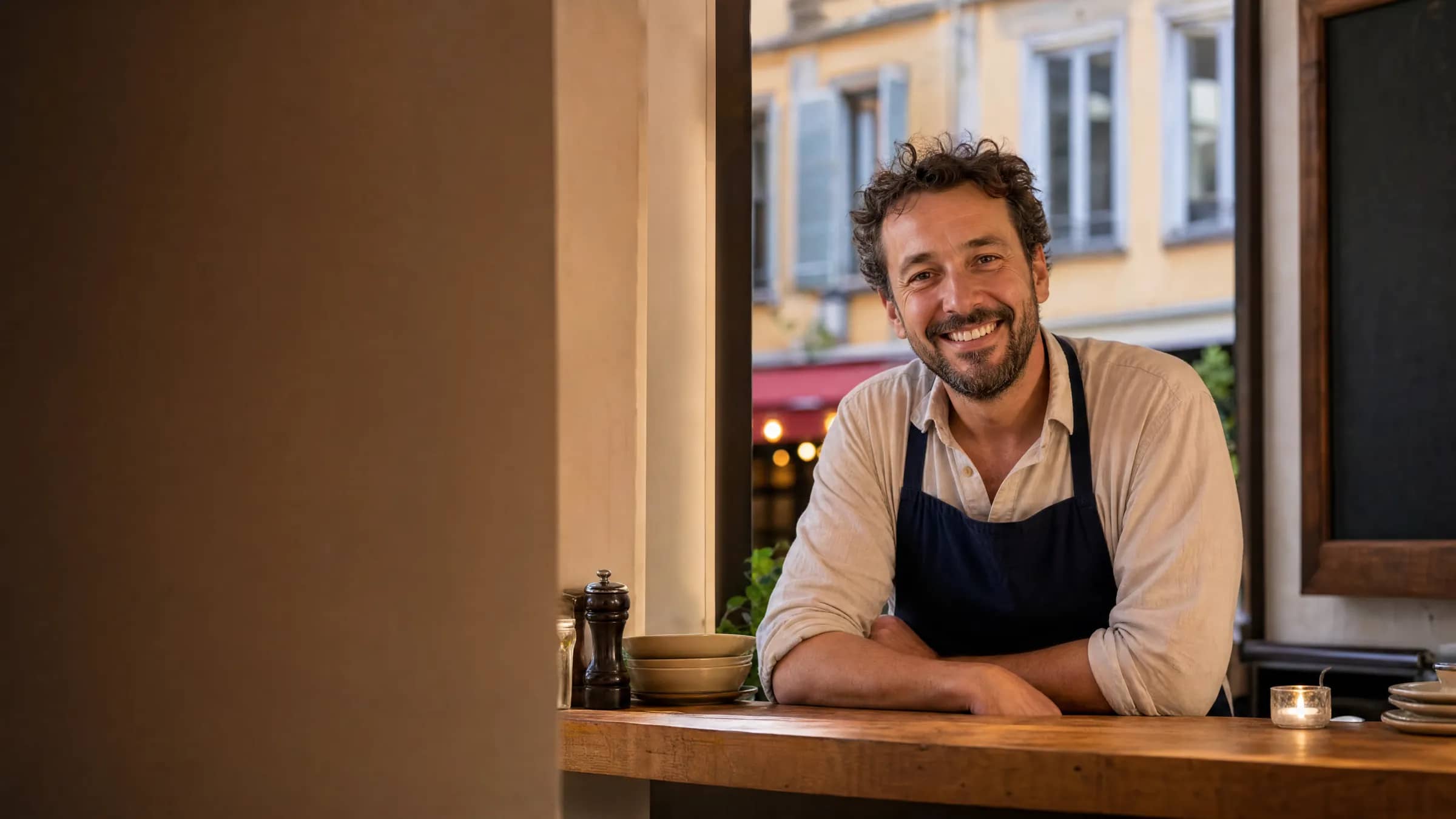 Restaurateur indépendant souriant derrière le comptoir de son bistrot lyonnais, illustrant une alternative simple et locale à Zenchef
