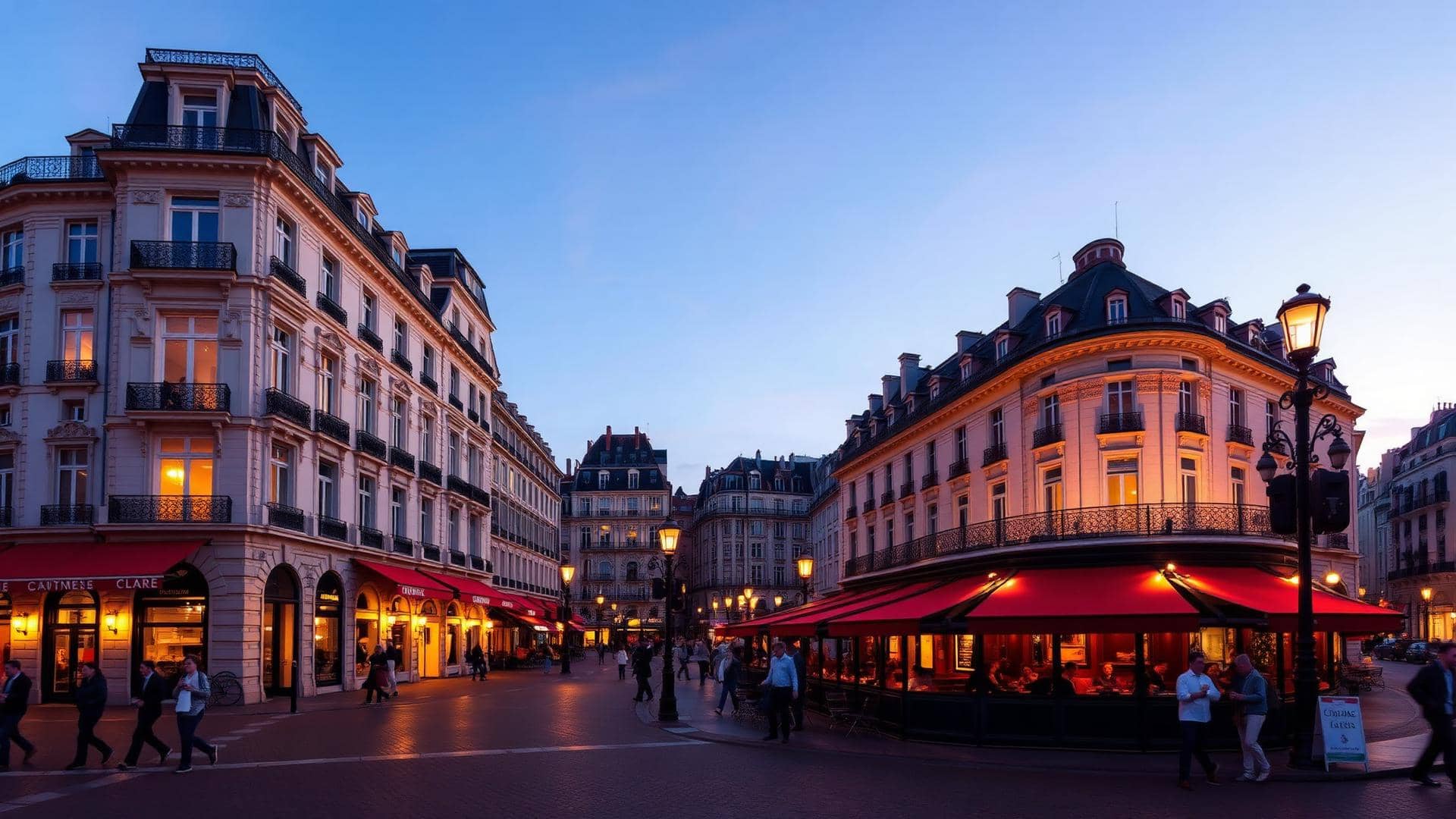 Brasserie haussmannienne sur la Presqu'île de Lyon au crépuscule