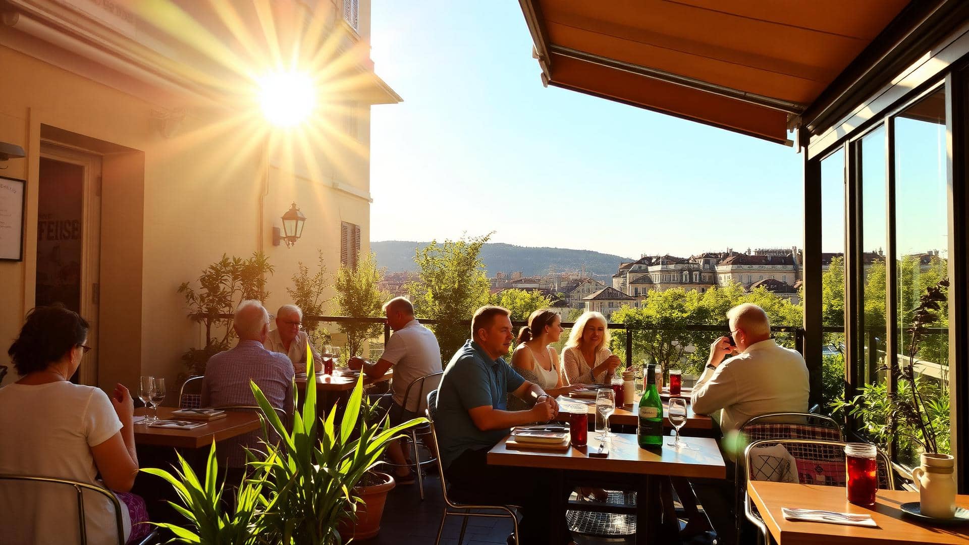 Terrasse ensoleillée d'un restaurant à Lyon avec vue sur les toits