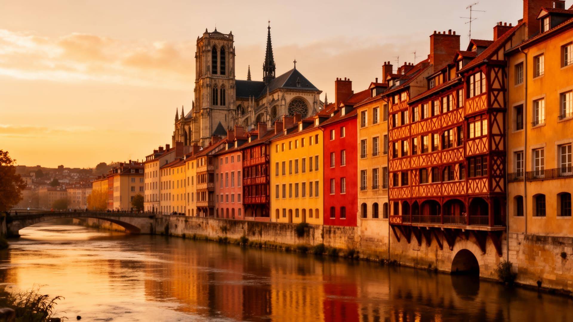 Vue du Vieux Lyon, cathédrale Saint-Jean et façades Renaissance au coucher du soleil