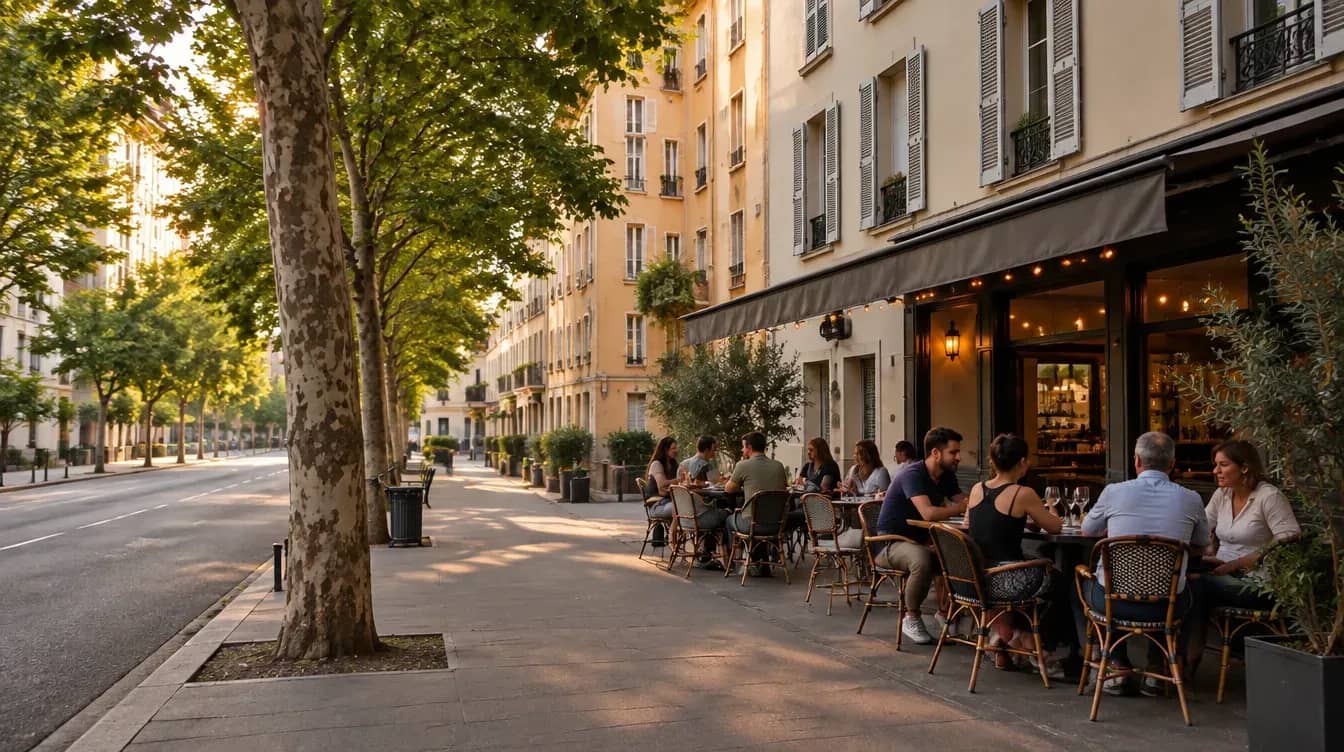 Terrasse d'un bistrot de quartier sous les platanes à Monplaisir, dans le 8e arrondissement de Lyon, en fin de journée