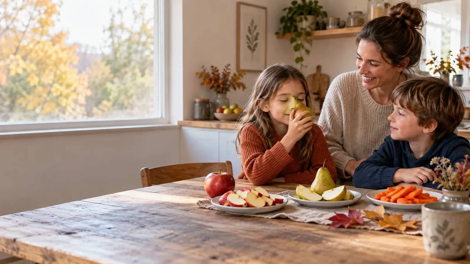 Illustration originale : un parent et deux enfants découvrent les fruits et légumes d’automne à la maison.