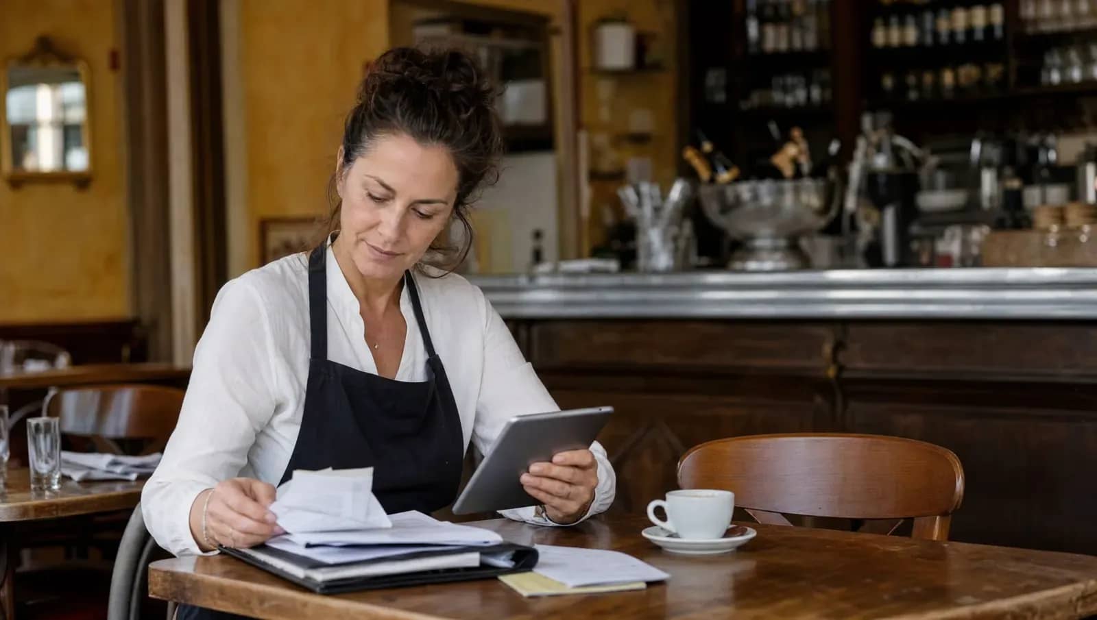 Une restauratrice classe ses factures dans son bistrot lyonnais à l'aide d'une tablette, l'après-midi.