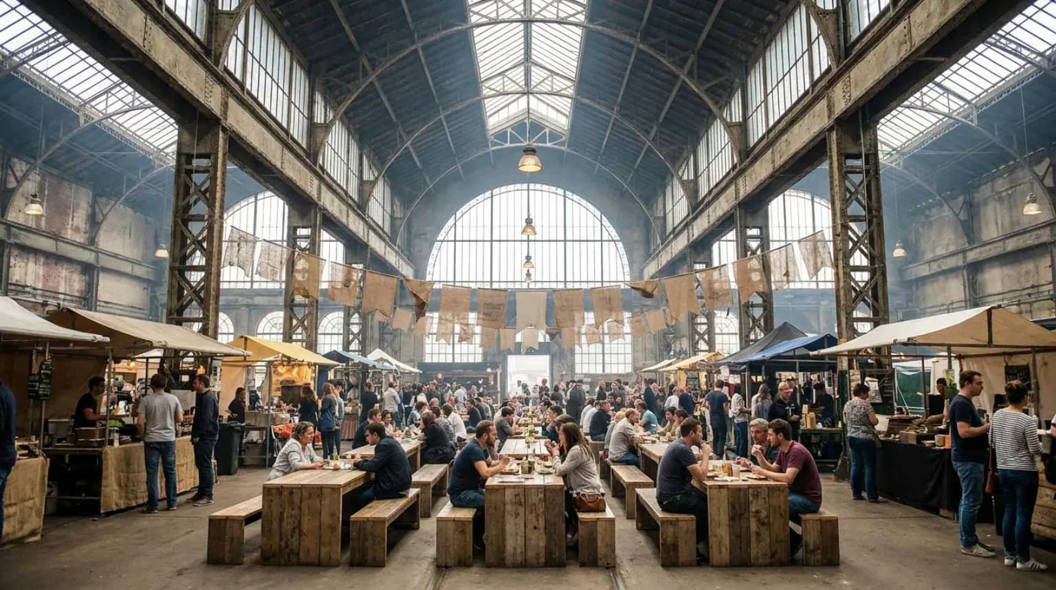 La grande halle industrielle des Grandes Locos transformée en village de stands et de grandes tablées.