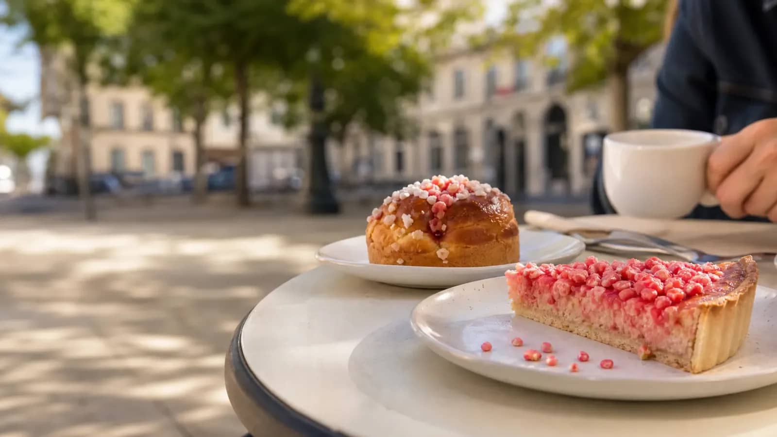 Tarte et brioche aux pralines roses sur une terrasse lyonnaise place Maréchal-Lyautey