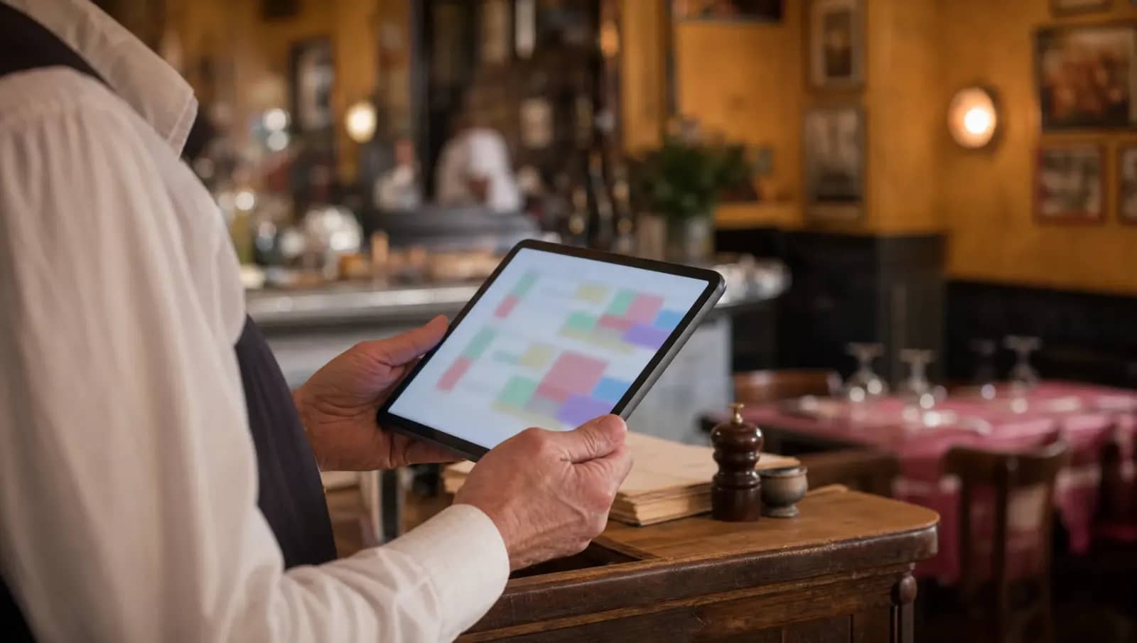 Gérer le plan de salle et les réservations du soir sur tablette, au comptoir d'un bouchon lyonnais.