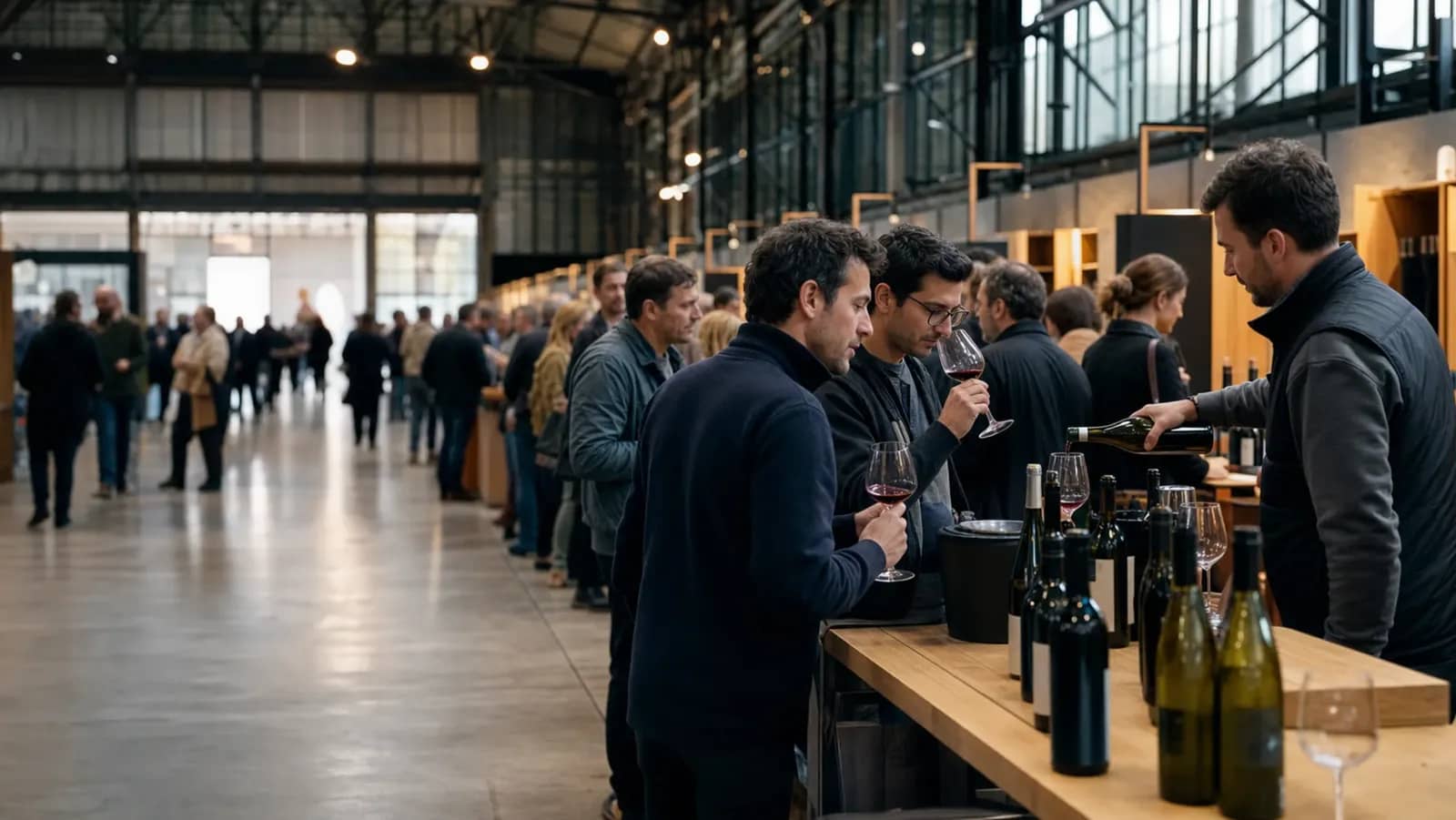 Visiteurs dégustant du vin au salon des Vignerons Indépendants à Lyon