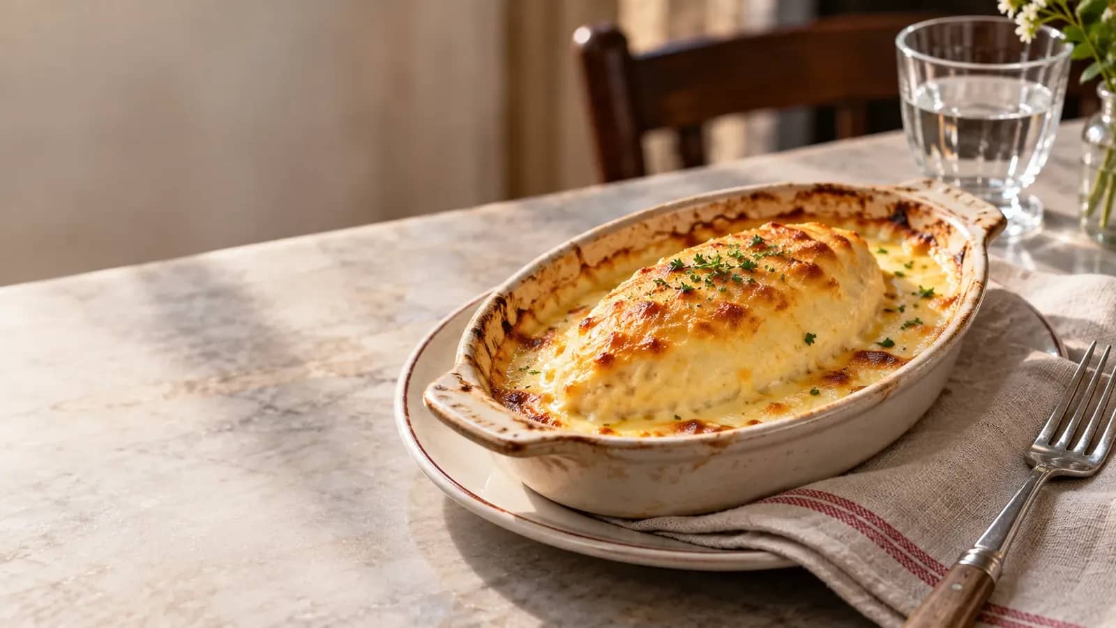 Illustration originale d’une quenelle gratinée dans un plat de bistrot