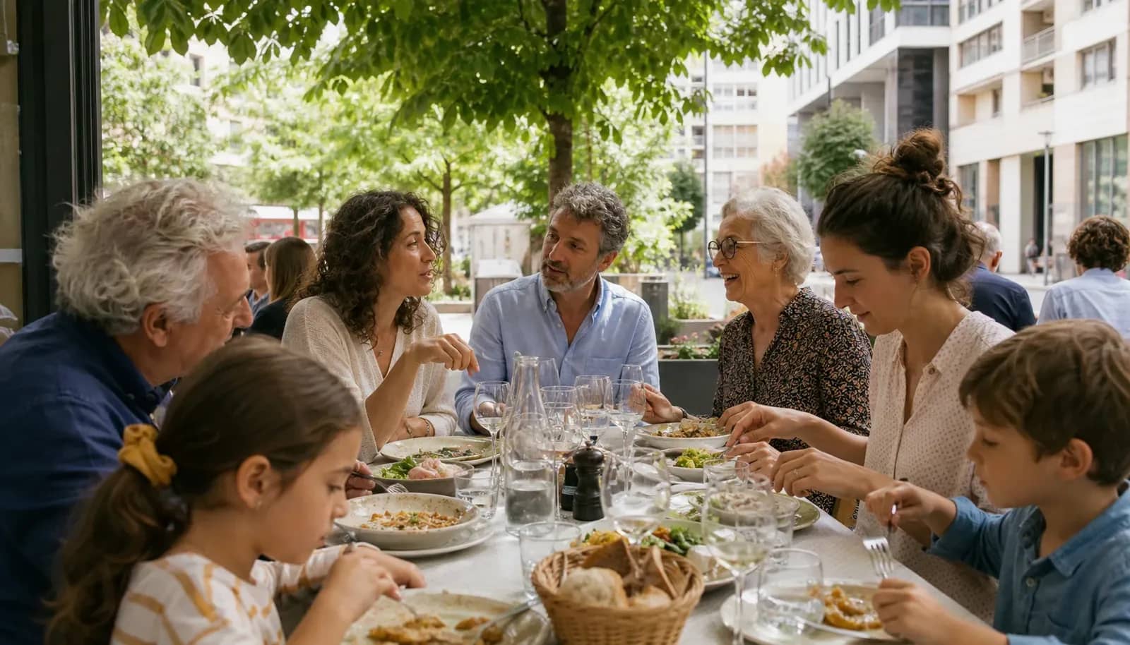 Famille et amis réunis autour d’un déjeuner dominical sur une terrasse urbaine à Villeurbanne