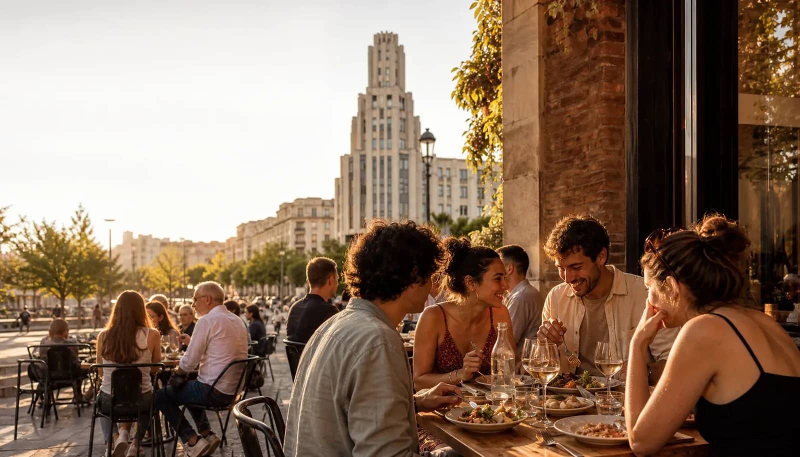 Terrasse de restaurant animée au coucher du soleil devant une architecture inspirée des Gratte-Ciel de Villeurbanne