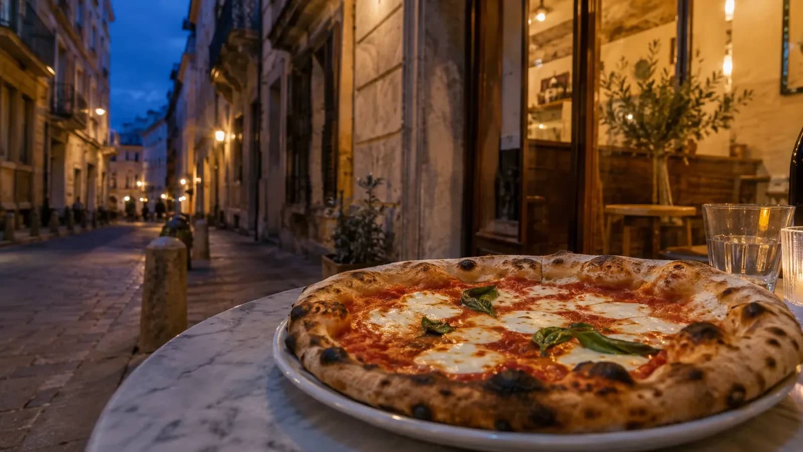 Pizza napolitaine sur une terrasse dans une rue de Lyon à la tombée du jour