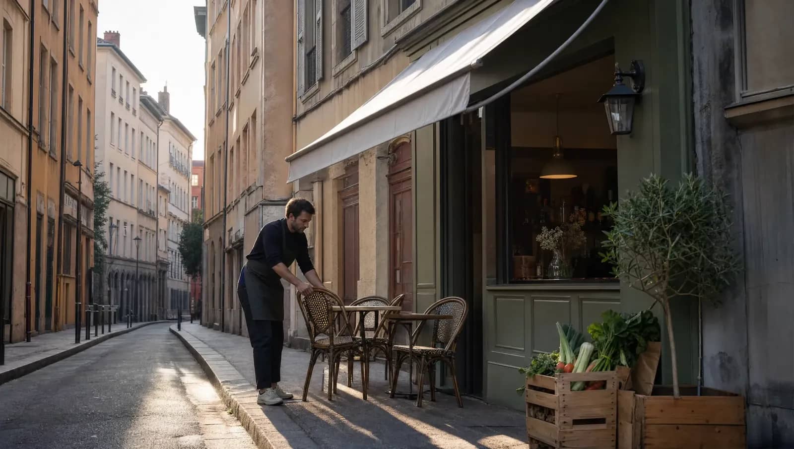 Gérant installant les chaises de son café de quartier au petit matin sur le plateau de la Croix-Rousse à Lyon