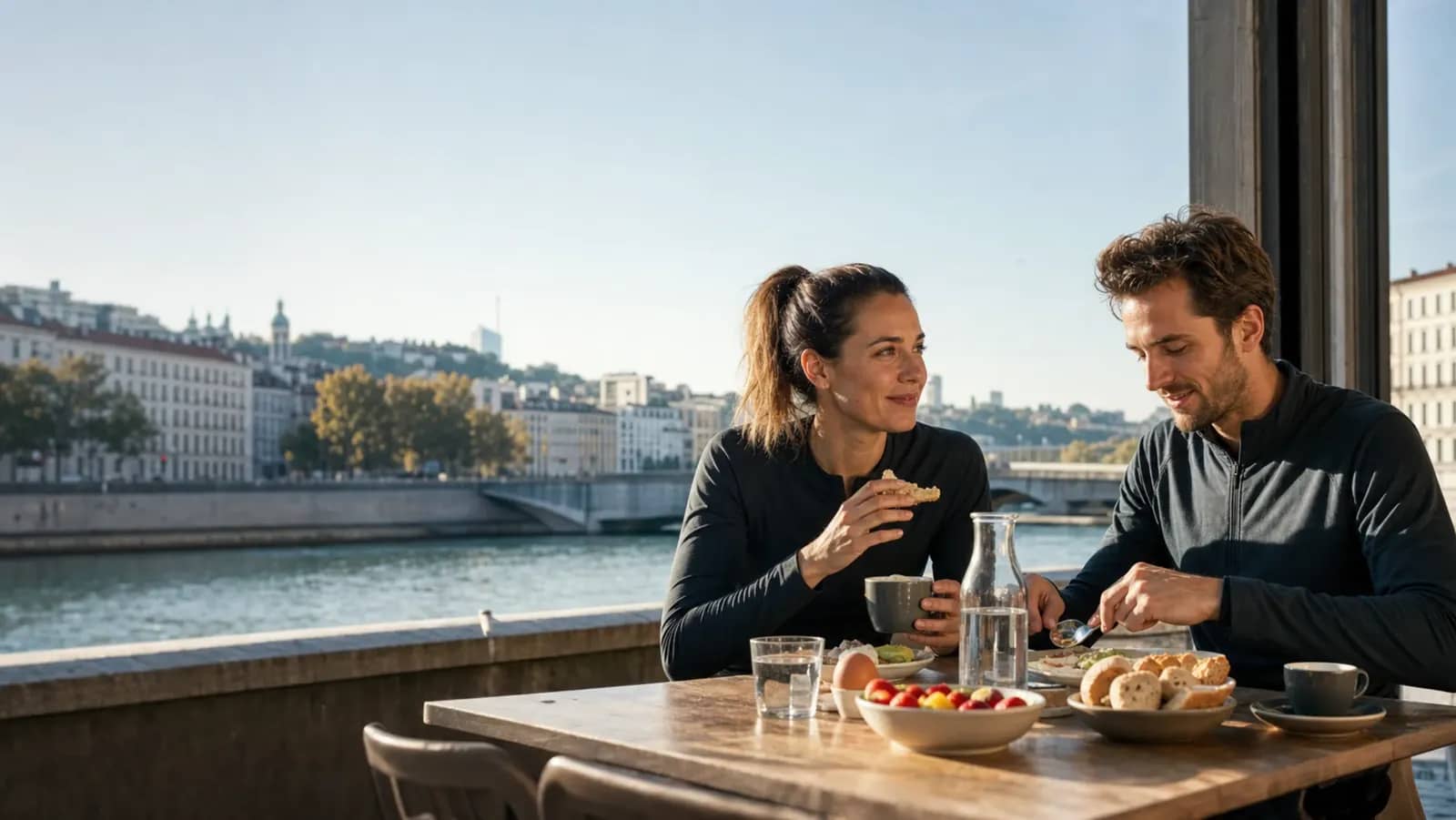 Brunch de récupération de deux coureurs au bord de l'eau à Lyon