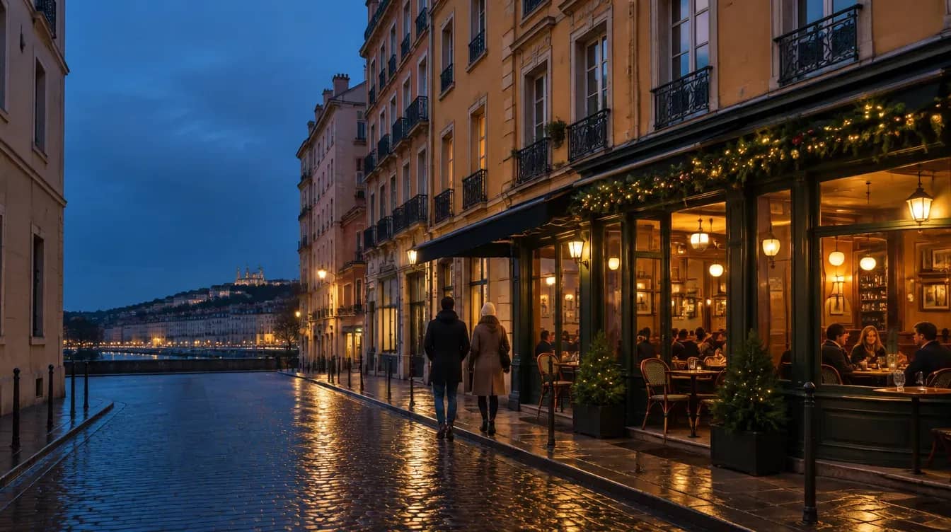 Brasserie éclairée un soir de décembre sur un quai de Lyon, avec Fourvière en arrière-plan