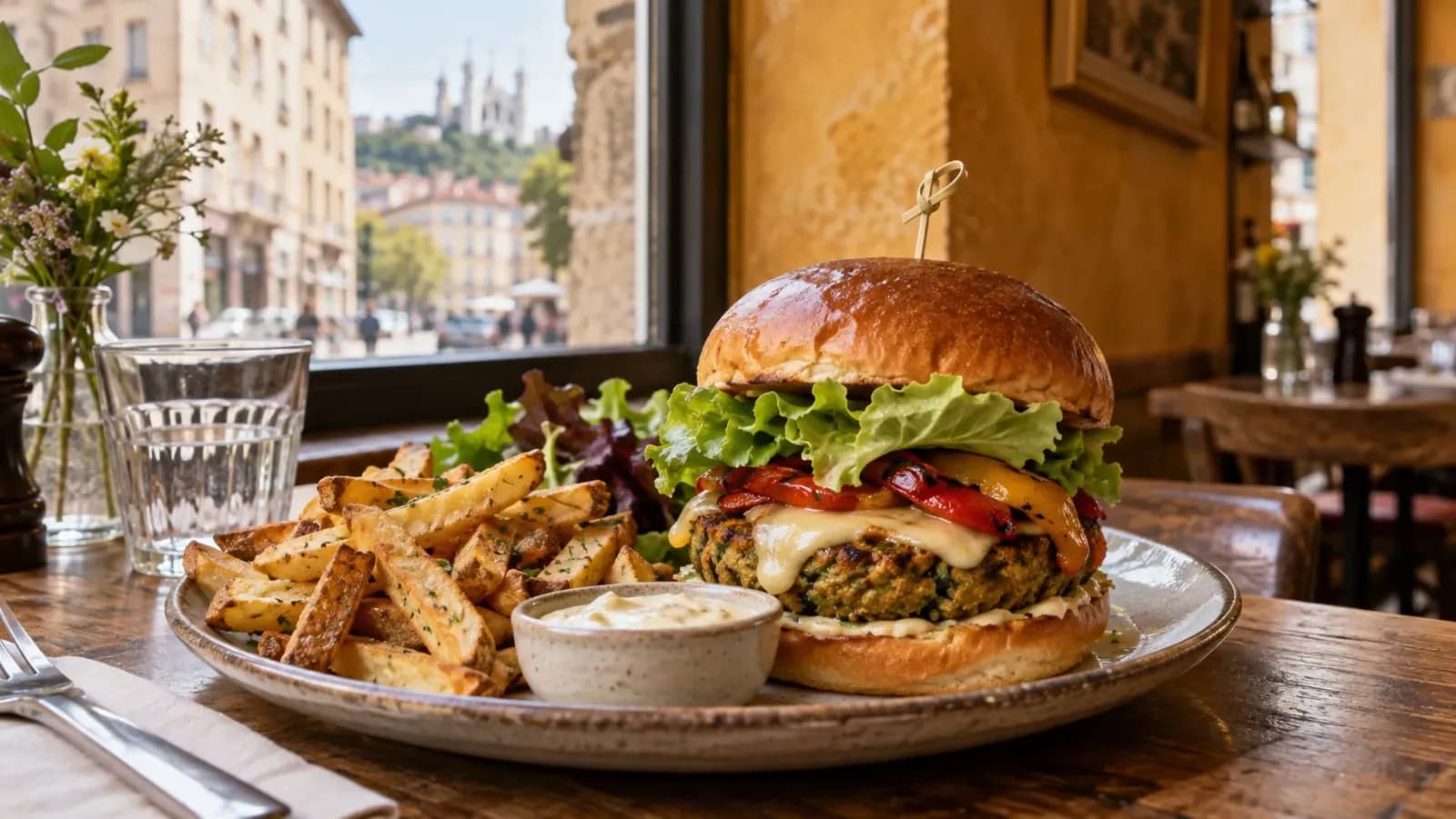 Burger végétarien gourmand et frites maison dans un restaurant lyonnais