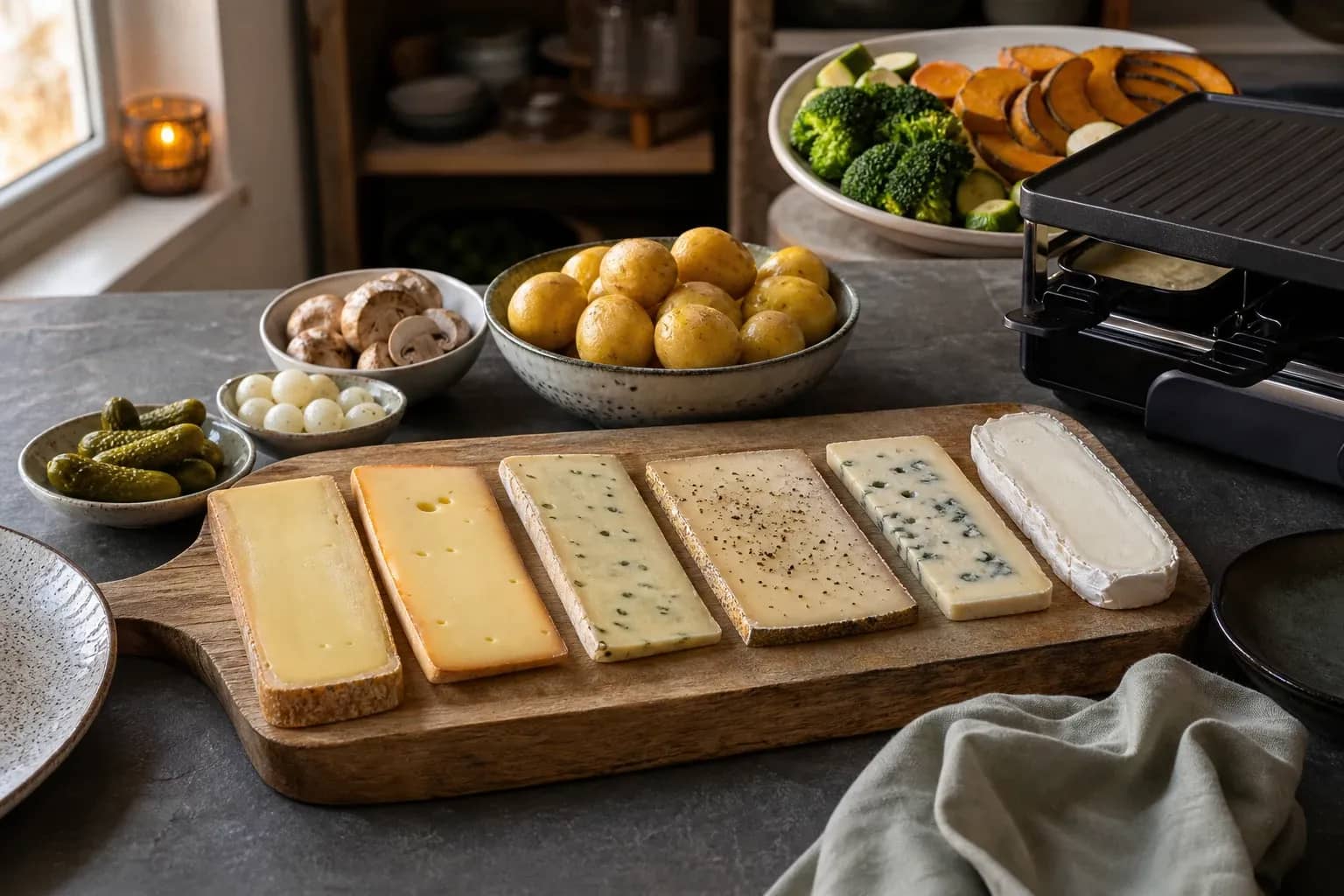 Assortiment de fromages à raclette et légumes pour une raclette végétarienne à la maison