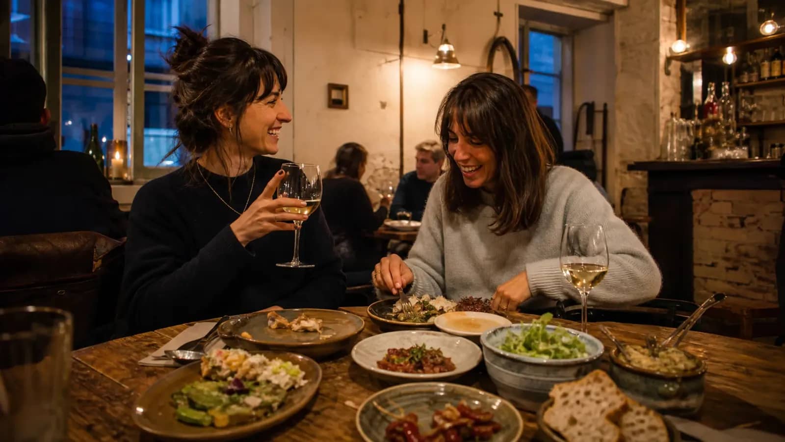 Deux amies partagent de petites assiettes dans un bistrot des pentes de la Croix-Rousse