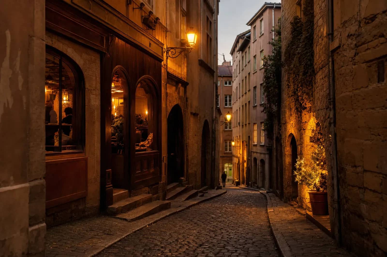 Ruelle Renaissance pavée du Vieux Lyon éclairée le soir