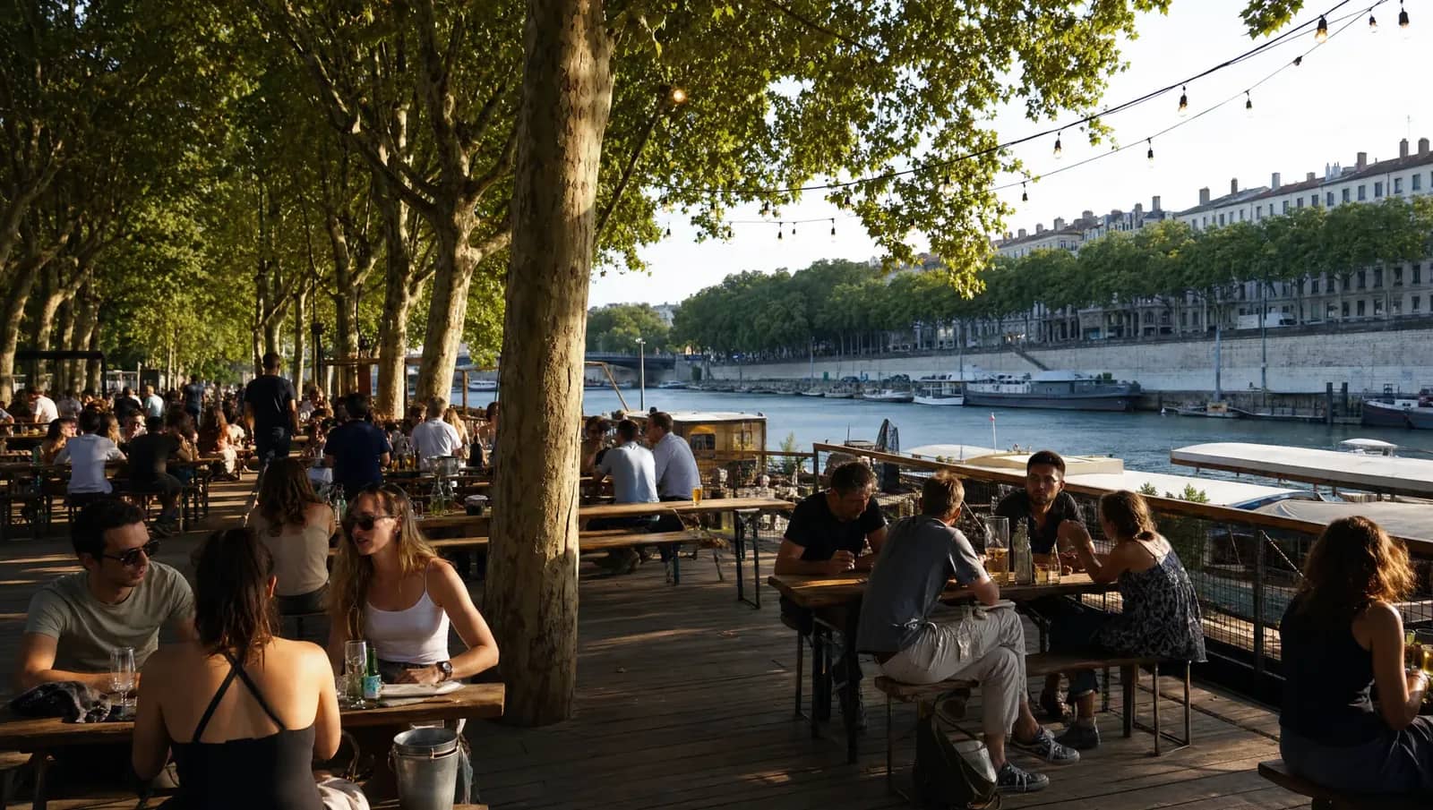 Guinguette sur les quais de Lyon sous les platanes, tables en bois et guirlandes lumineuses