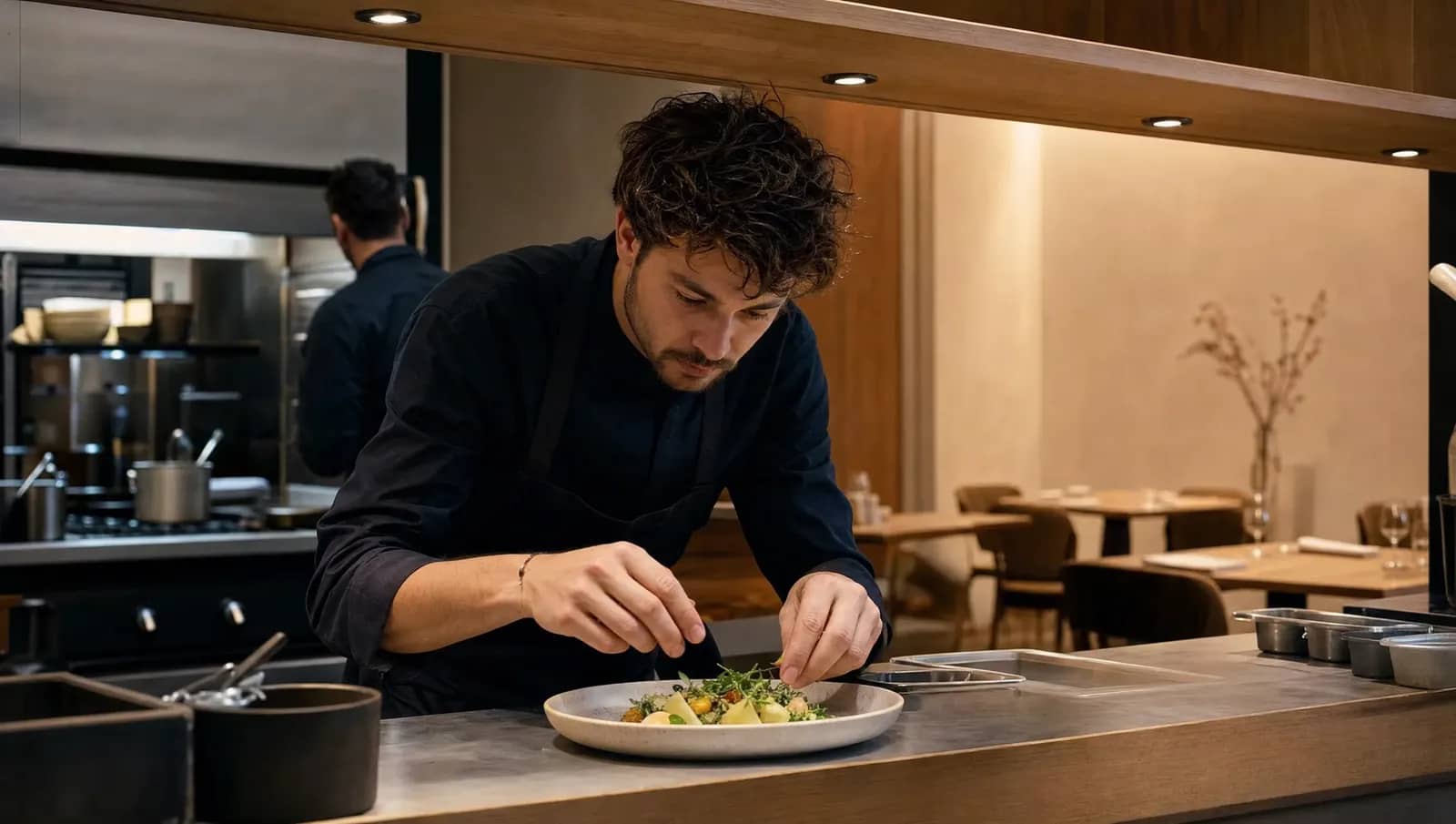 Jeune chef dressant une assiette végétale au passe d'une petite cuisine ouverte d'un restaurant lyonnais moderne