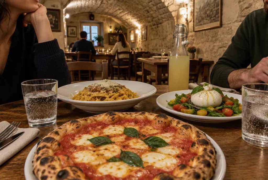 Pizza napolitaine, pâtes et burrata sur une table de trattoria voûtée, servies avec de l'eau pétillante et une limonade