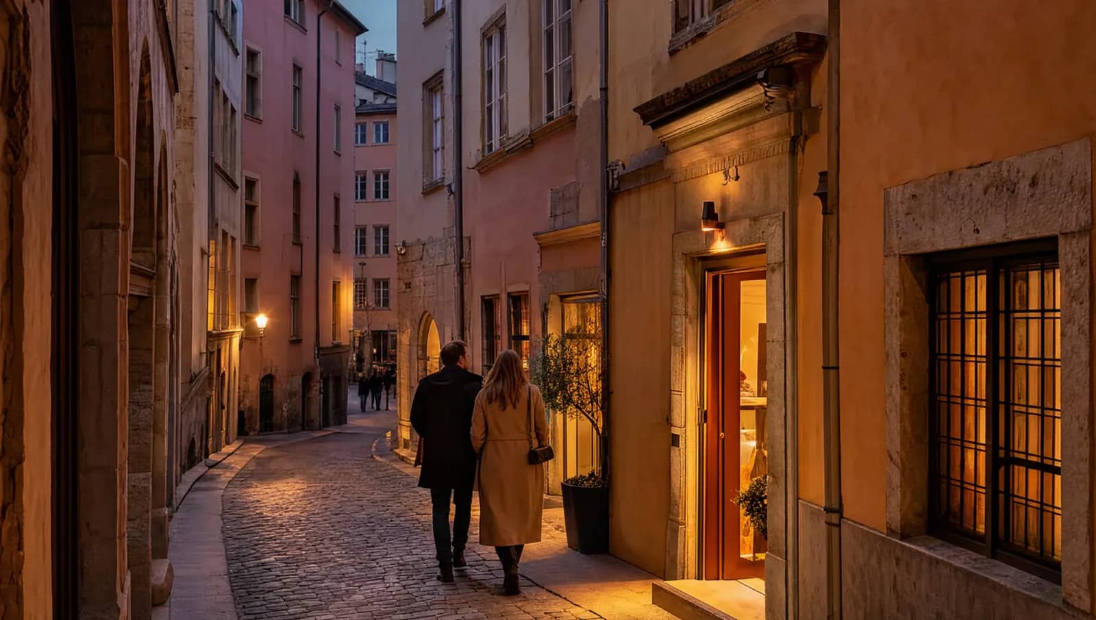 Ruelle pavée du Vieux-Lyon au crépuscule avec l'entrée éclairée d'un restaurant gastronomique