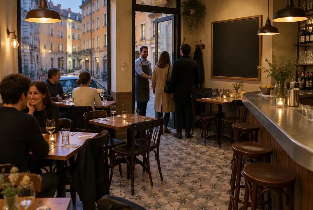 Bistrot lyonnais récemment ouvert, un soir de semaine, le patron accueille des clients à l'entrée