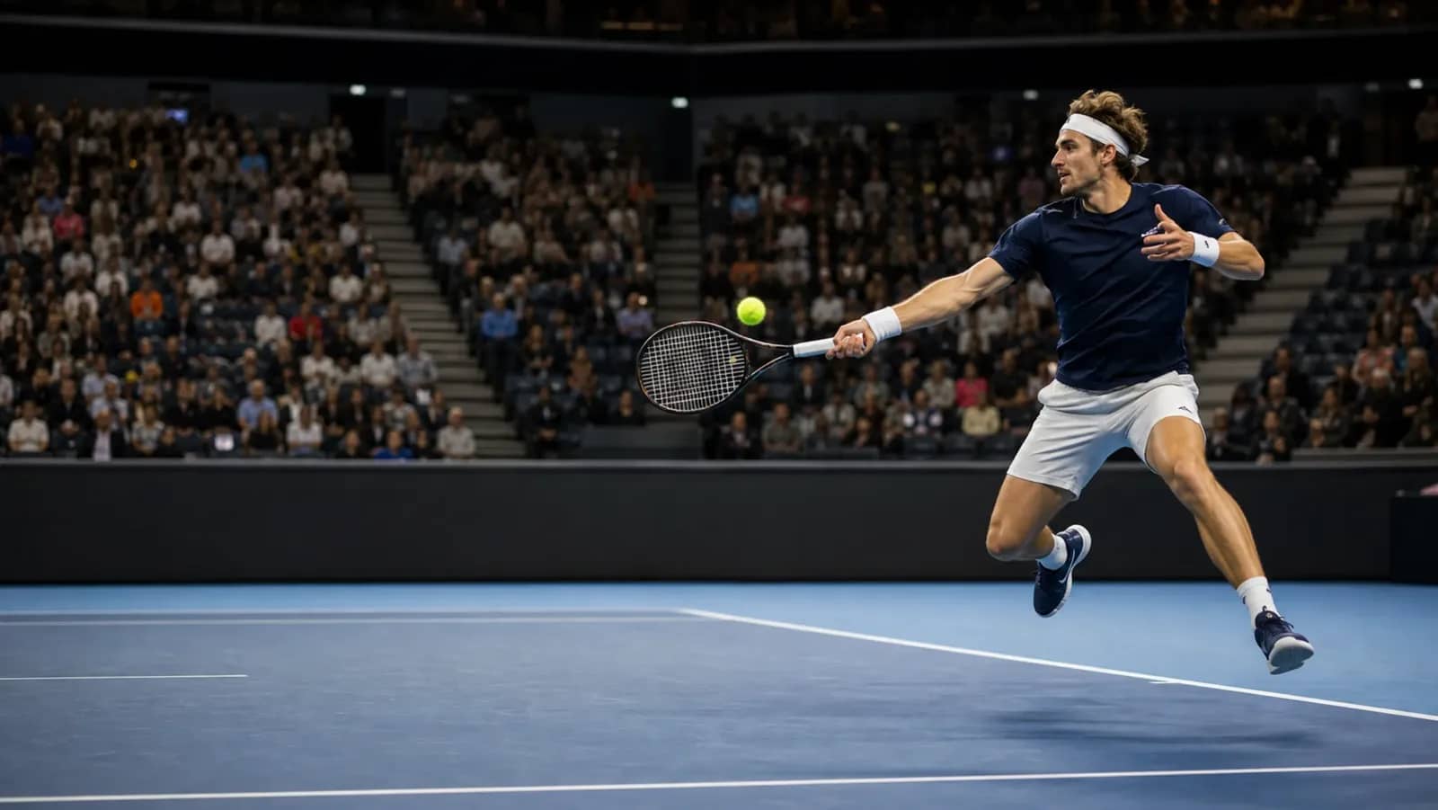 Joueur de tennis en action sur un court indoor devant le public