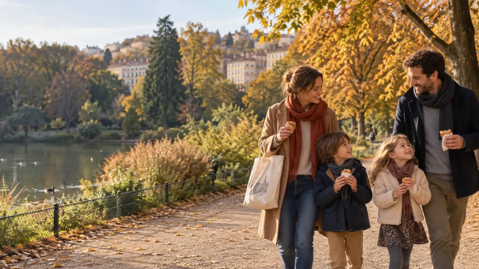 Famille en promenade au parc de la Tête d’Or à Lyon pendant les vacances d’automne